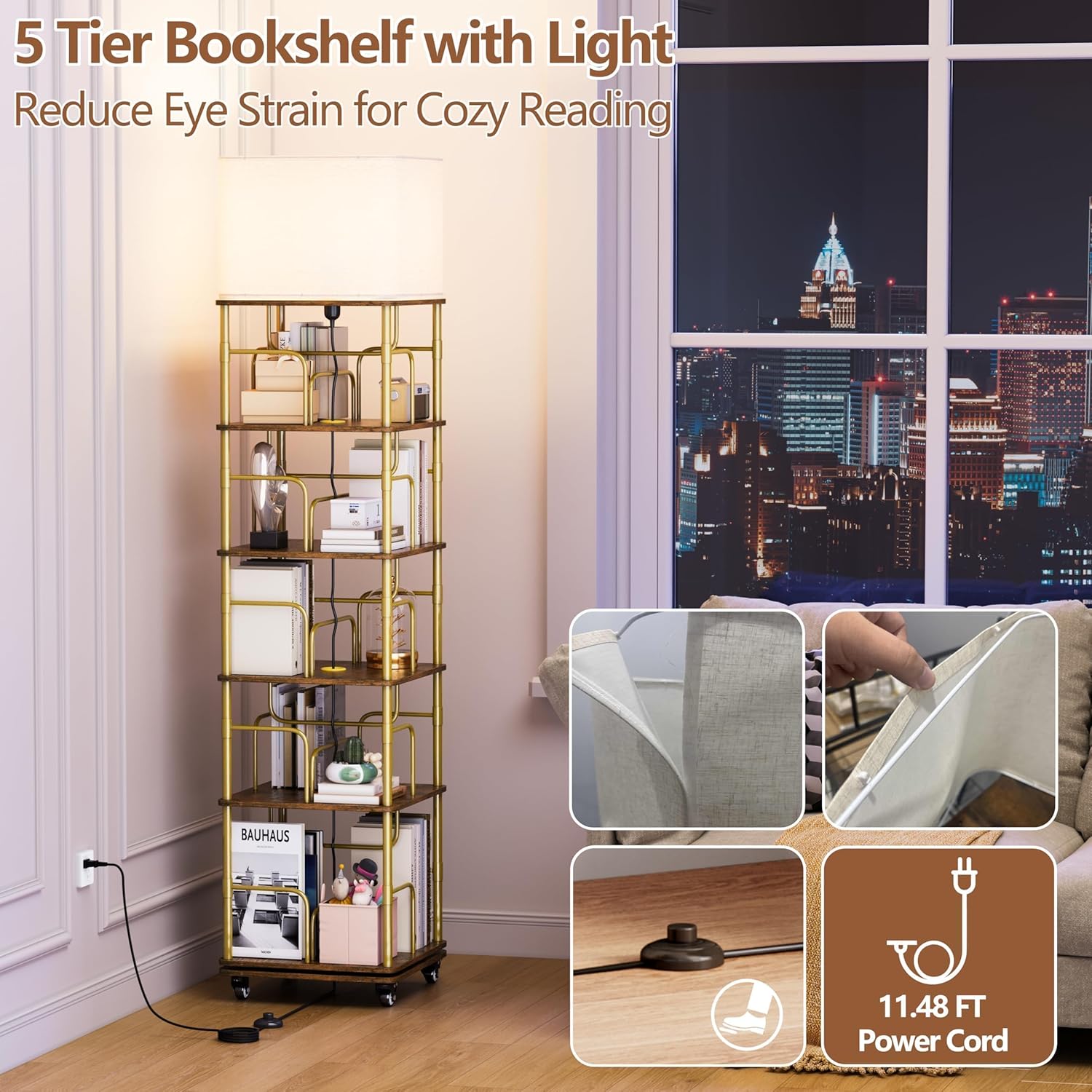 Quikraen 5 Tier Rotating Bookshelf with LED Light, 360 Degree Spinning Square Storage Shelf for Small Corner, Rotating Bookshelf Tower for Home, Rooms, Office (Gold+Brown)
