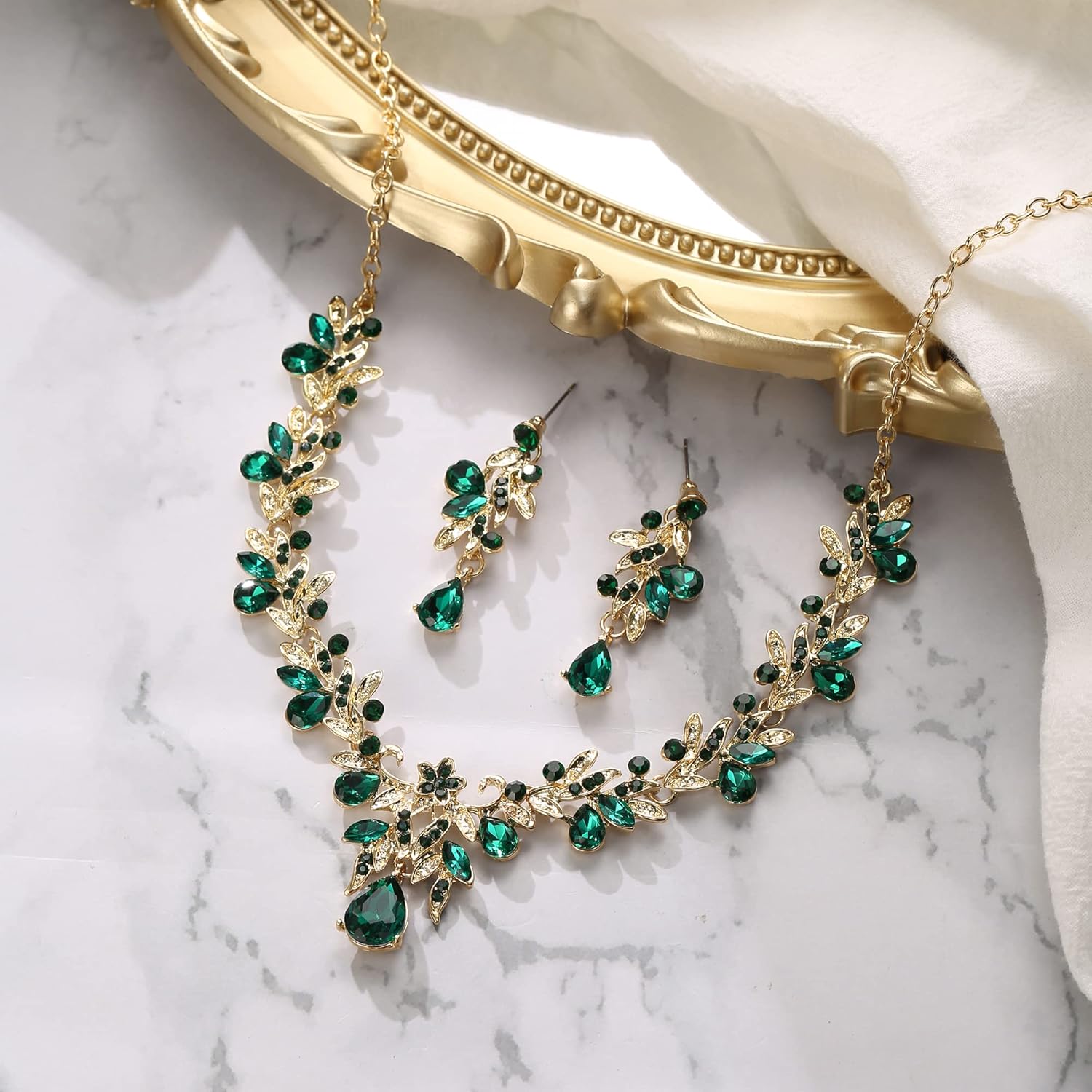 BriLove Women's Wedding Jewelery Set Leaf Flower Crystal Teardrop Marquise Cluster Pendant Necklace Dangle Earrings for Bridal Party - Image 5