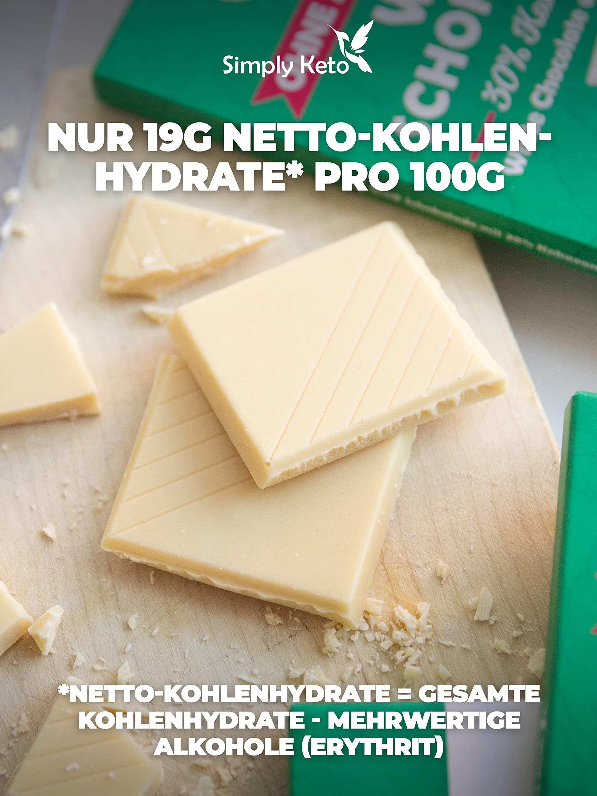 Simply Keto Zuckerreduzierte Weiße Lower Carb Schokolade 65% weniger Zucker Glutenfrei 12 x 100g