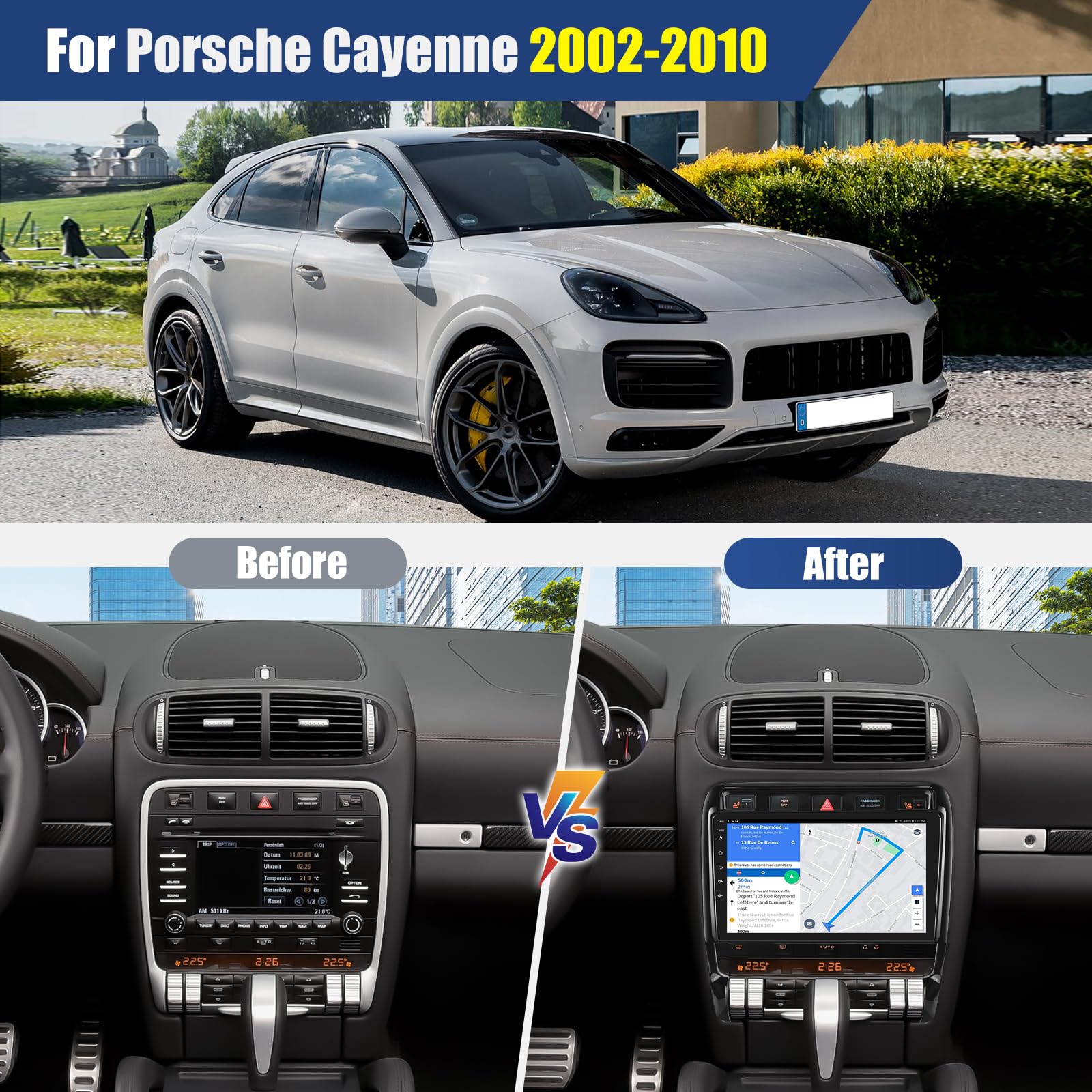 CAMECHO [6+128G] 8 Núcleos Android 15 Autoradio para Porsche Cayenne 2002-2010, 9 Pulgadas Radio con Bluetooth GPS WIFI Wireless Carplay Android Auto FM/RDS 32EQ DSP +Cámara Trasera Canbus 1280*720 HD