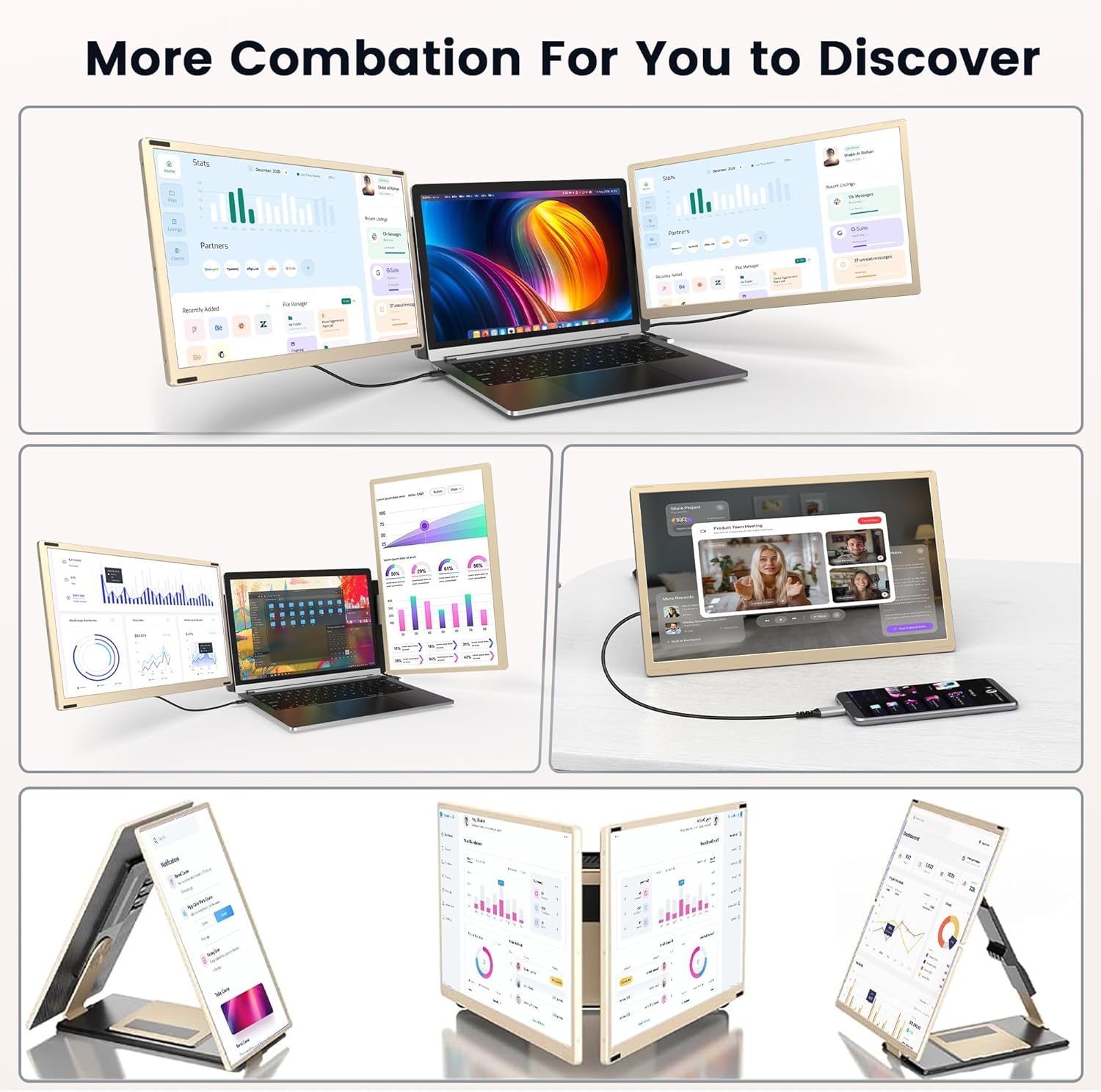 Laptop Screen Extender, 15.6" Detachable Triple Portable Monitor, 1080P FHD IPS Display, Sturdy & Durable, USB-C/HDMI Plug-Play Monitor Extender for Mac/Win/Android, Fits 13-17" Laptops