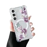 DEFBSC Magnetic Case for Samsung Galaxy S22 Plus [Work with Magsafe] Clear Floral Flower Pattern Print Design Flexible Acrylic Shockproof Cover Flower Protective Phone Case, Purple Peony