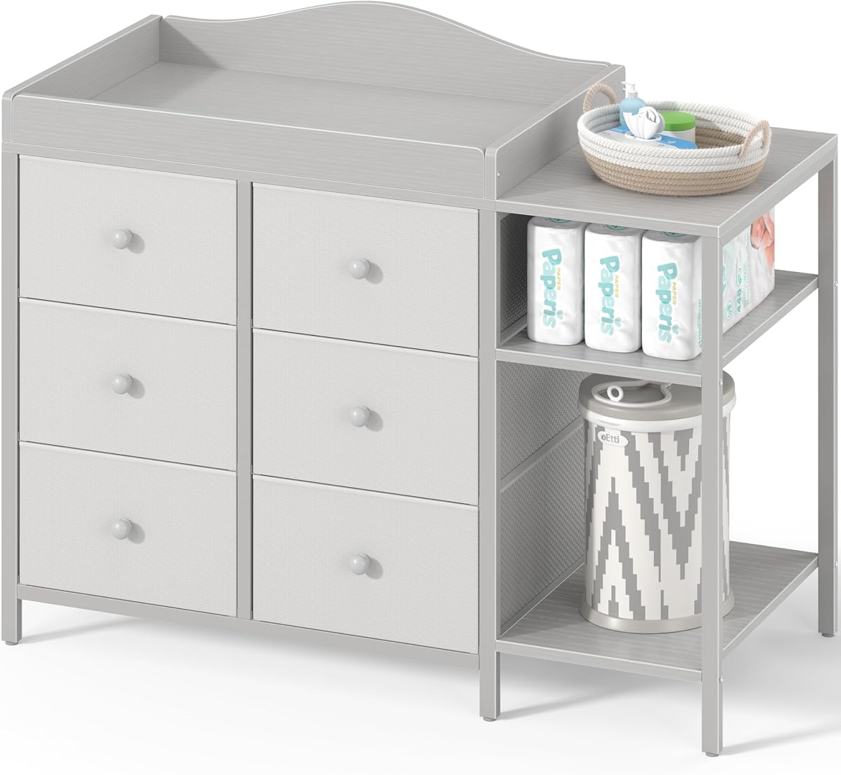 BOLUO Baby Dresser with Changing Table Top, Gray Changing Table Dresser with 6 Fabric Drawers Diaper Changing Station with Storage Shelf for Nursery Modern