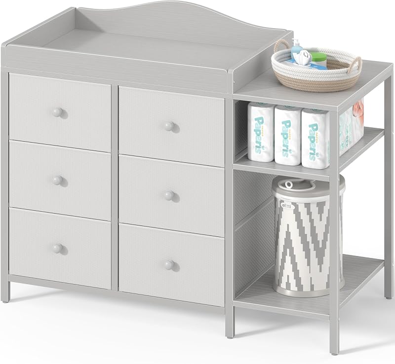 BOLUO Baby Dresser with Changing Table Top, Gray Changing Table Dresser with 6 Fabric Drawers Diaper Changing Station with Storage Shelf for Nursery Modern