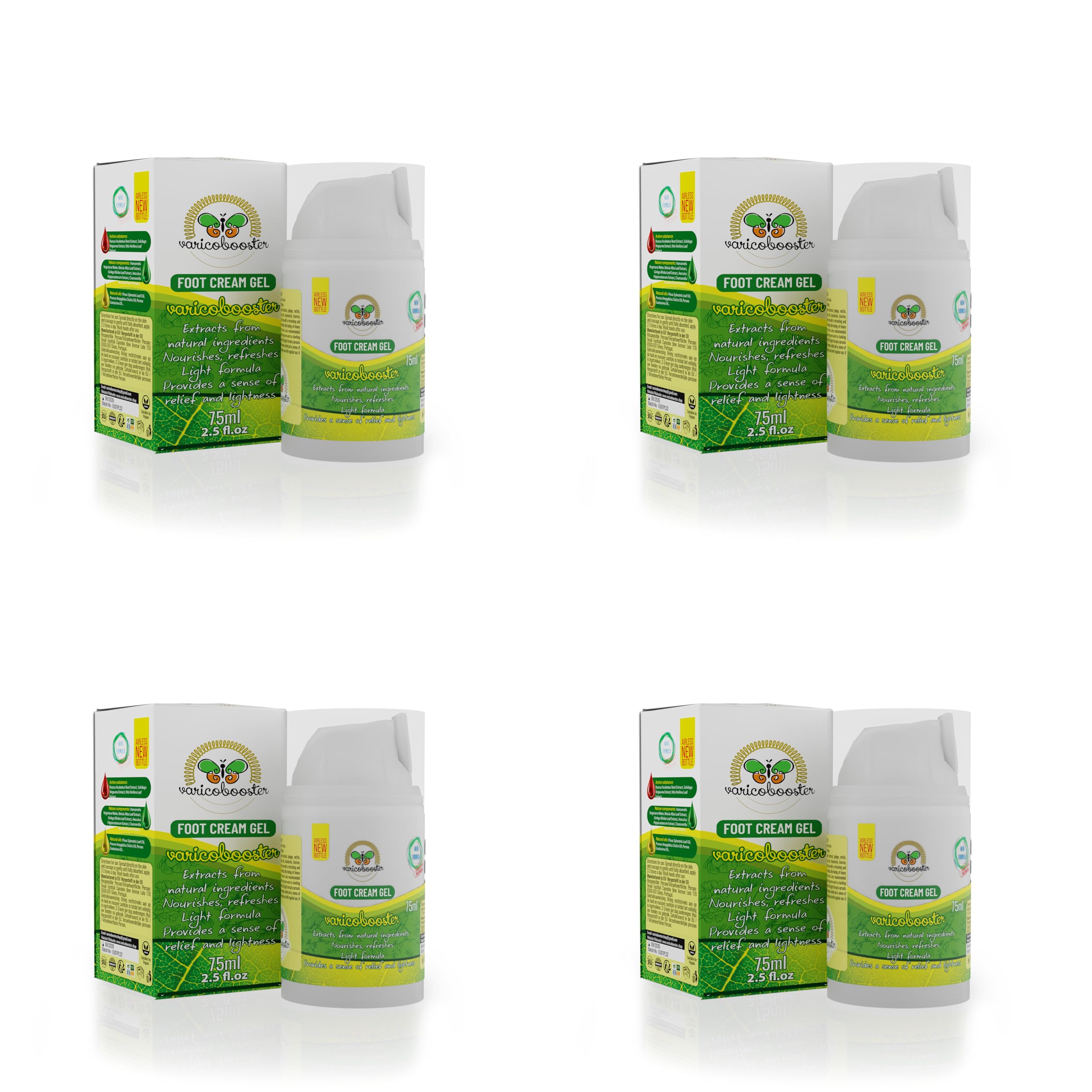 Gel-Crema para pies 4x75ml, más de 25 ingredientes cuidadosamente seleccionados, nueva fórmula mejorada a base de componentes naturales, con botella Airless innovadora, Varico Booster