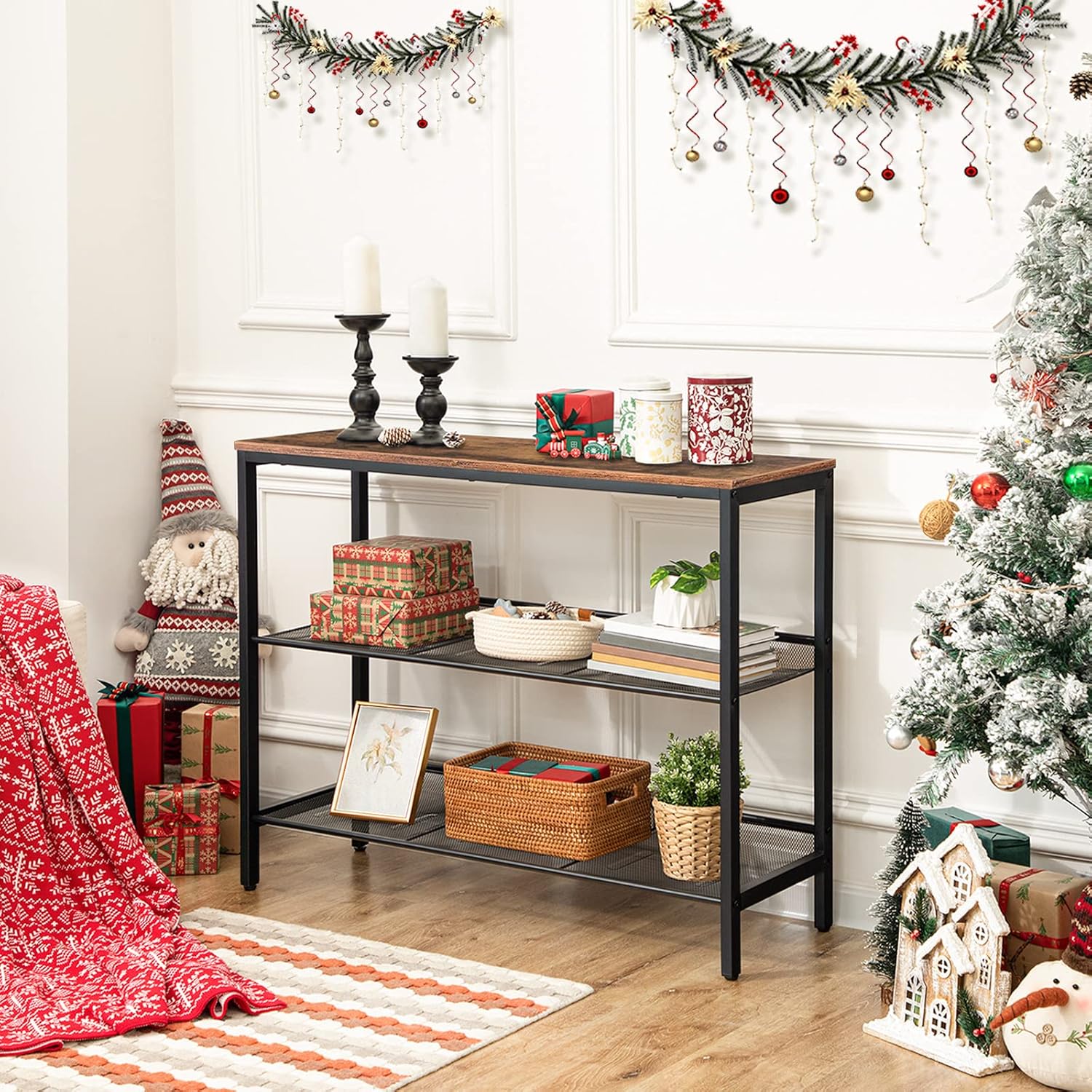 Rustic Brown and Black Console Table with Adjustable Mesh Shelves