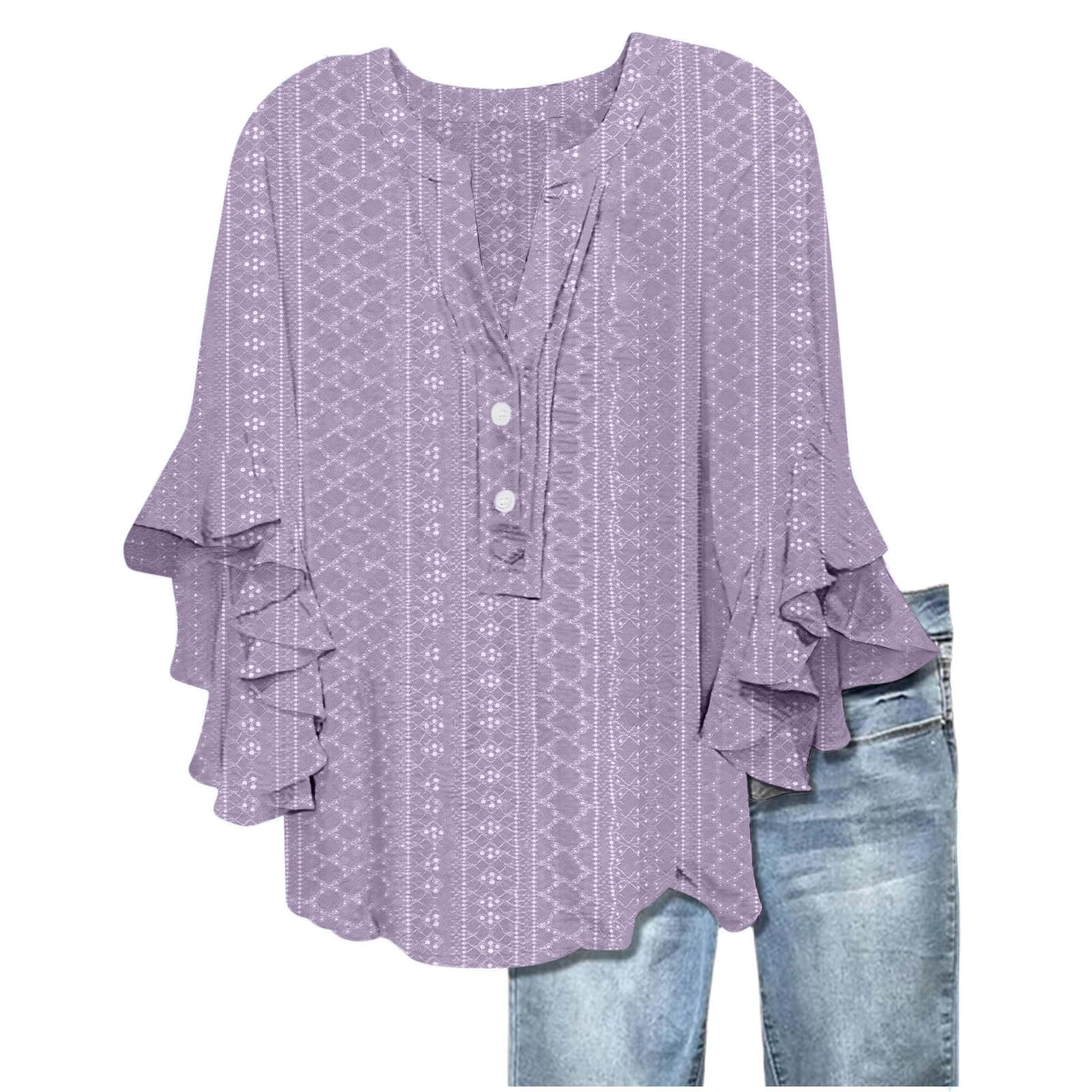 Women's Eyelet Tops V-Neck Ruffle 3/4 Sleeve Blouse Casual Loose Button Up Henley Shirts Boho Flowy Beach Clothes — view 19