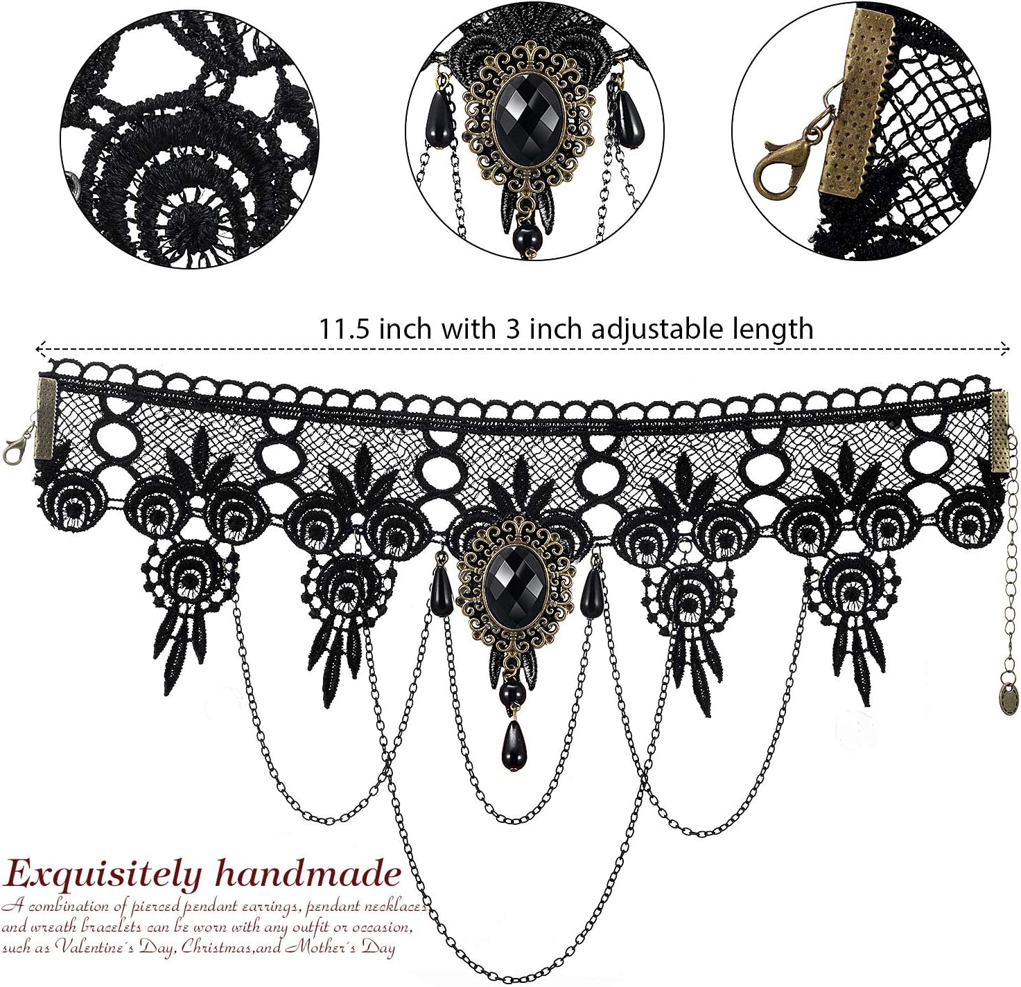 Hicarer 4 Pieces Black Choker Lace Necklace with Bracelet and Earrings Set Gothic Vintage Witch Jewelry for Halloween Costume Wedding - Image 7