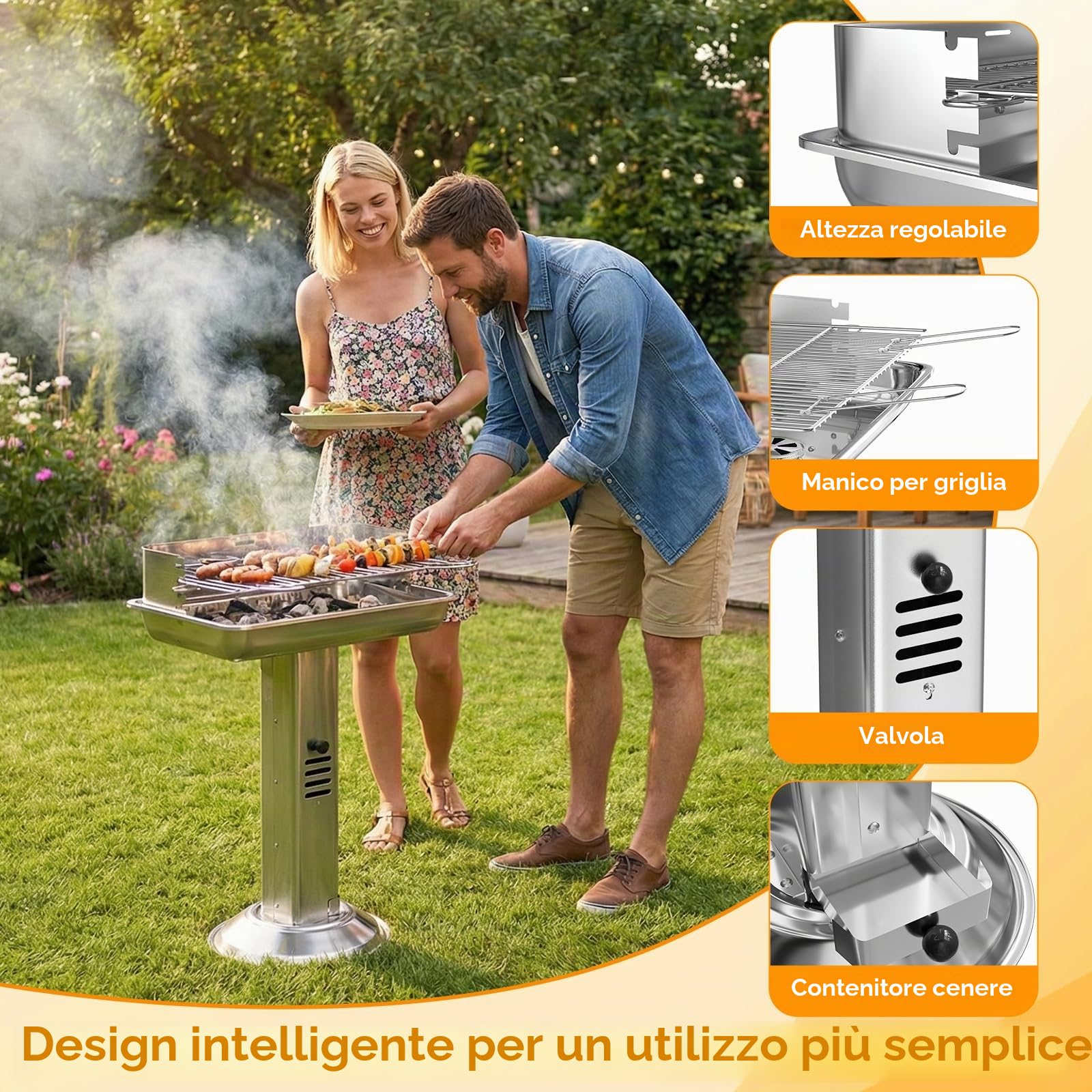 TLGREEN Barbecue a colonna in acciaio inox, Barbecue da esterno 52*32*84cm, Con griglia cromata, Cassetto cenere e ventilazione, Altezza regolabile in 3 posizioni, per Outdoor, Camping, BBQ, Spiagge