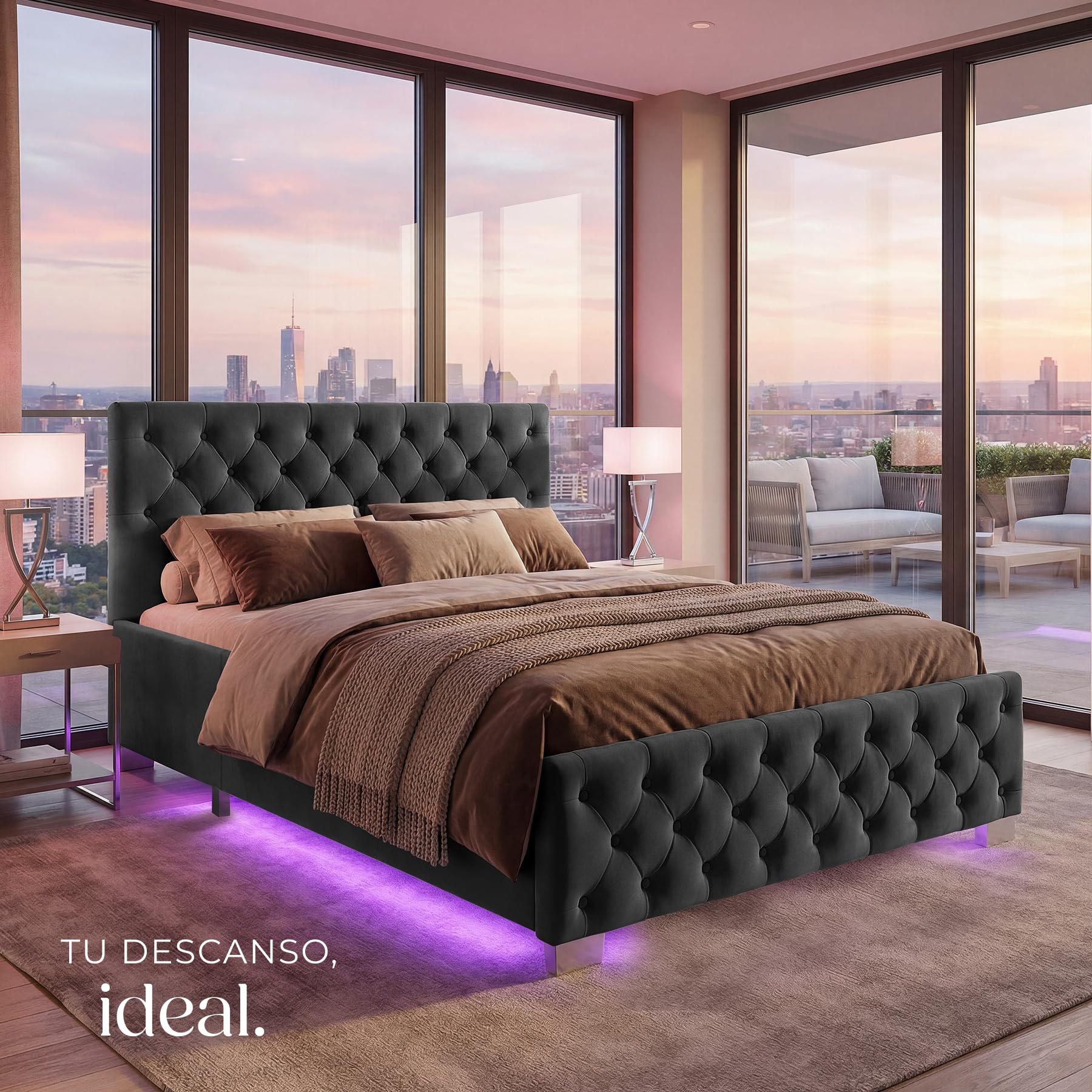 tectake® Cama Tapizada de Terciopelo con Leds, Canape Somier Abatible, Acero Estable, Cama Alta con 300 kg de Capacidad, Mando, Acolchado Chesterfield, Iluminación LED - 217 x 187,5 cm Negro