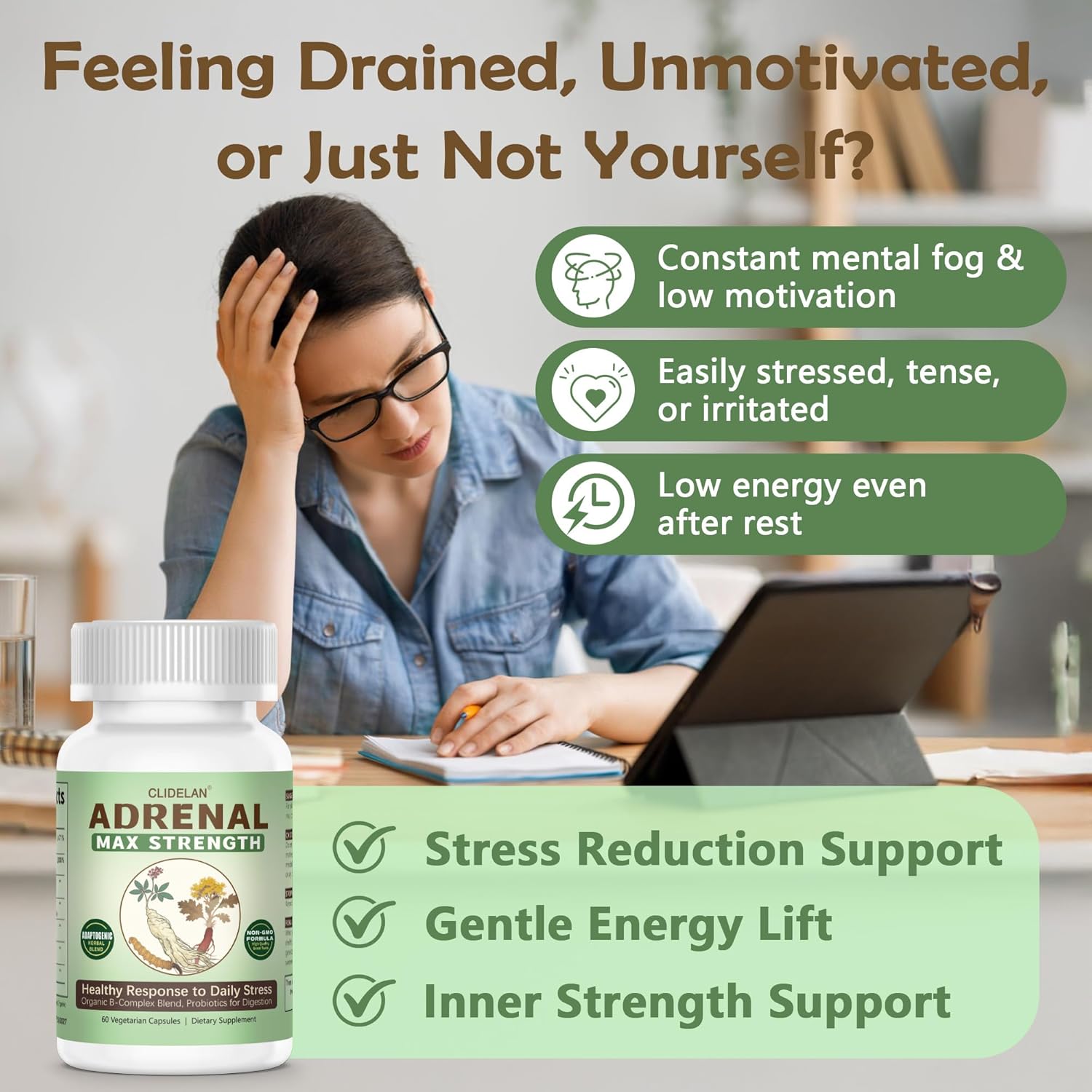 Adrenal Support Supplements for Daily Balance – Supports Stress Relief with Adaptogens Herbs (Rhodiola, Ginseng, Cordyceps), Organic B-Complex & Probiotics for Stress, Fatigue & Energy, 60 Capsules - Image 2