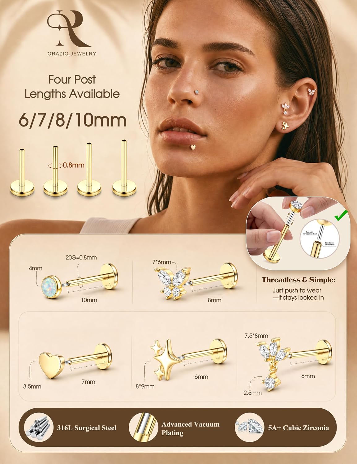 ORAZIO Hypoallergenic Flat Back Stud Earrings Surgical Steel Cartilage Earrings for Women Flatback Threadless Push in Nose Studs Lip Labret Medusa Conch Helix Tragus Piercing Jewelry 16G/18G/20G