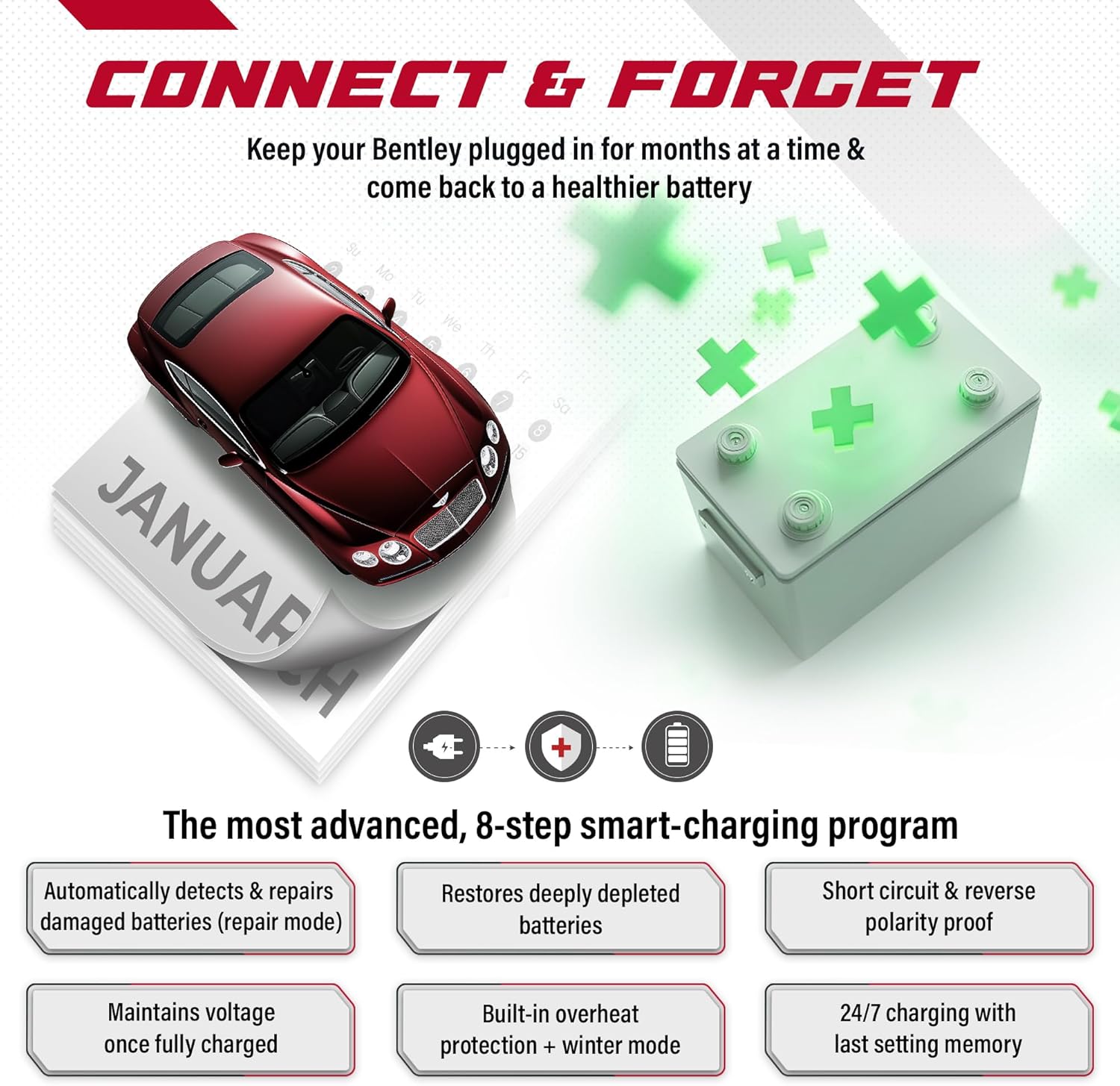 JMR Battery Charger for Bentley Continental GT Flying Spur Mulsanne Trickle Charger Conditioner Maintainer (3-Pin Port, Add Lithium Mode)