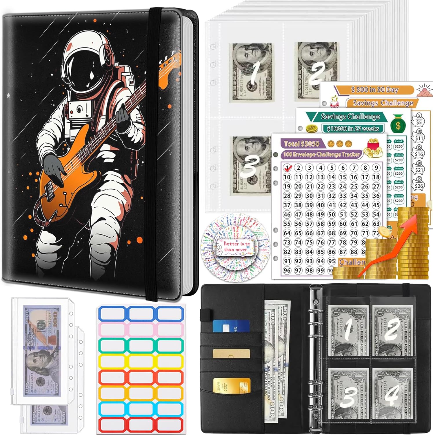Money Saving Binder, 100 Envelopes Money Saving Challenge, Cash Envelopes Budget Binder & 3 Budgeting Planner Trackers, PU Leathers A5 Money Saving Planner Book，Halloween Cat Pumpkin