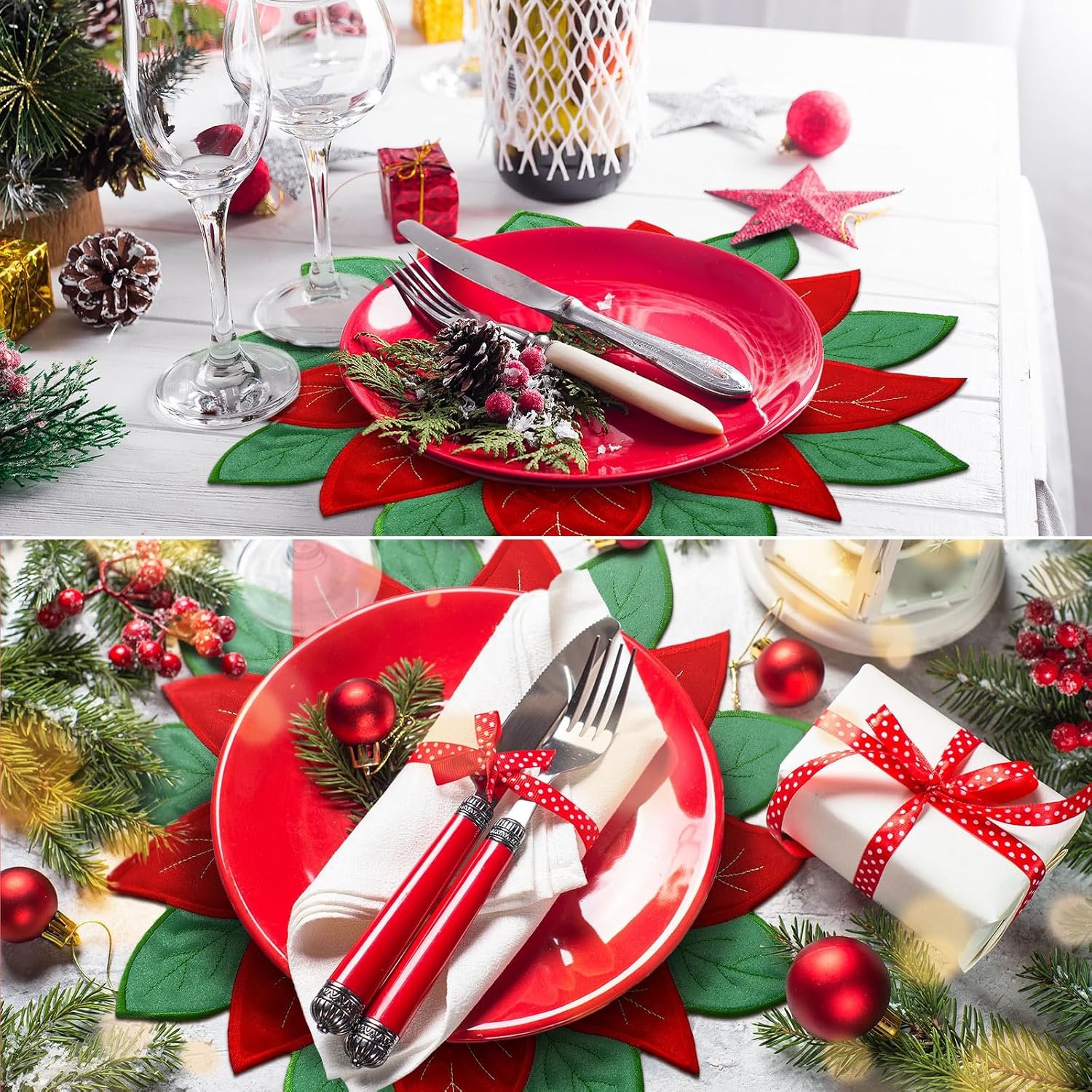 Ganeen 12 Pcs Red Poinsettia Holiday Christmas Placemats Applique Xmas Embroidered Placemats for Home Dining Holiday Table Top Decoration