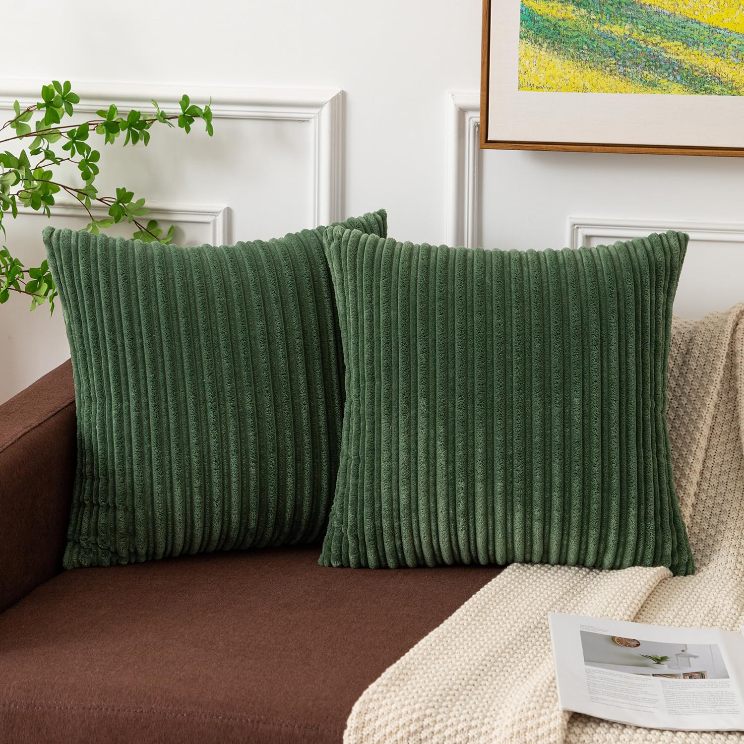 Kevin Textile Spring Corduroy Cushion Covers 45 x 45 cm Set of 2, Soft Stripe Decorative Cushions Covers 18x18 Inch with Invisible Zipper for Chair Couch Sofa Bedroom, Moss Green