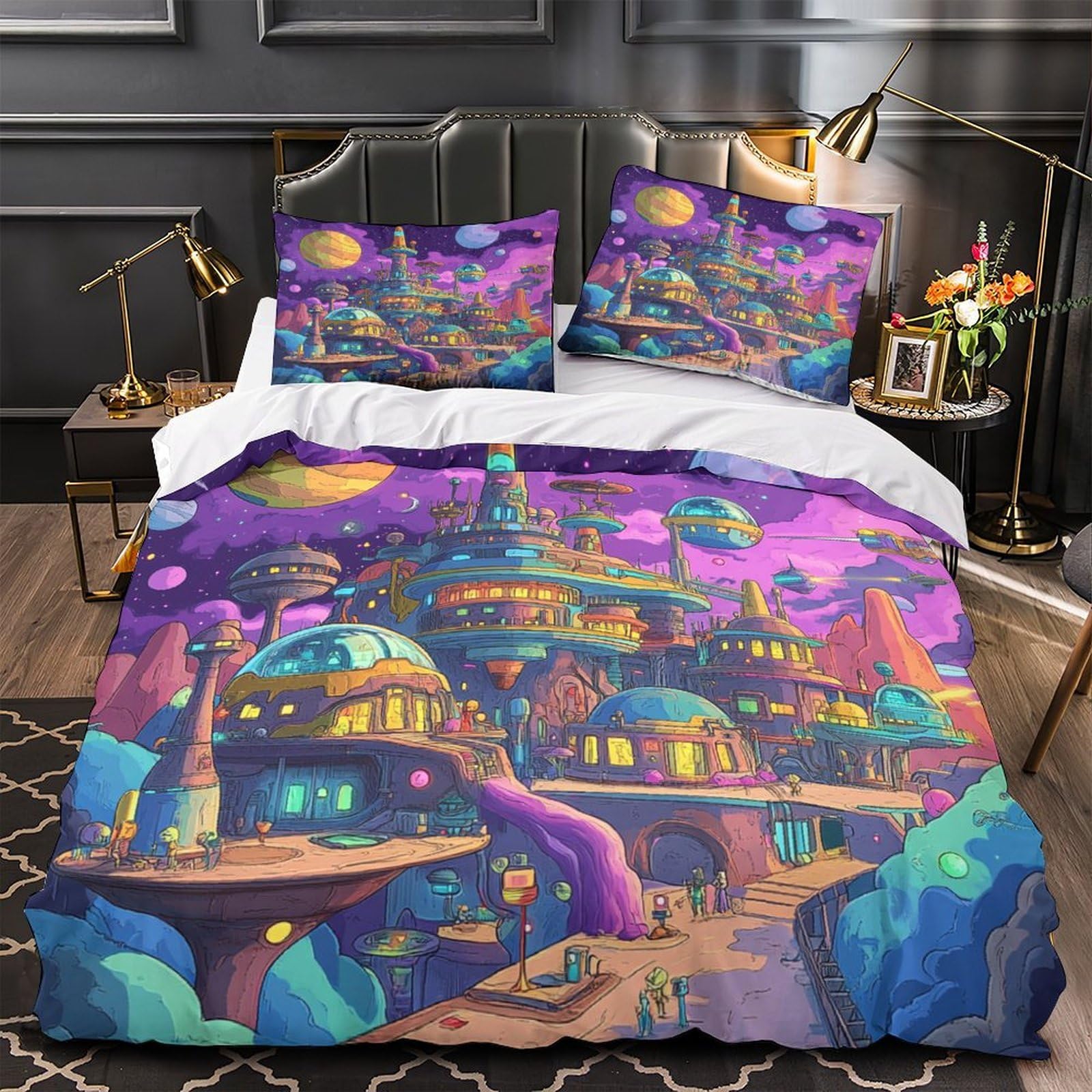 Housse de couette 3D paysage urbain futuriste microfibre : lit ado sans pli et lavable