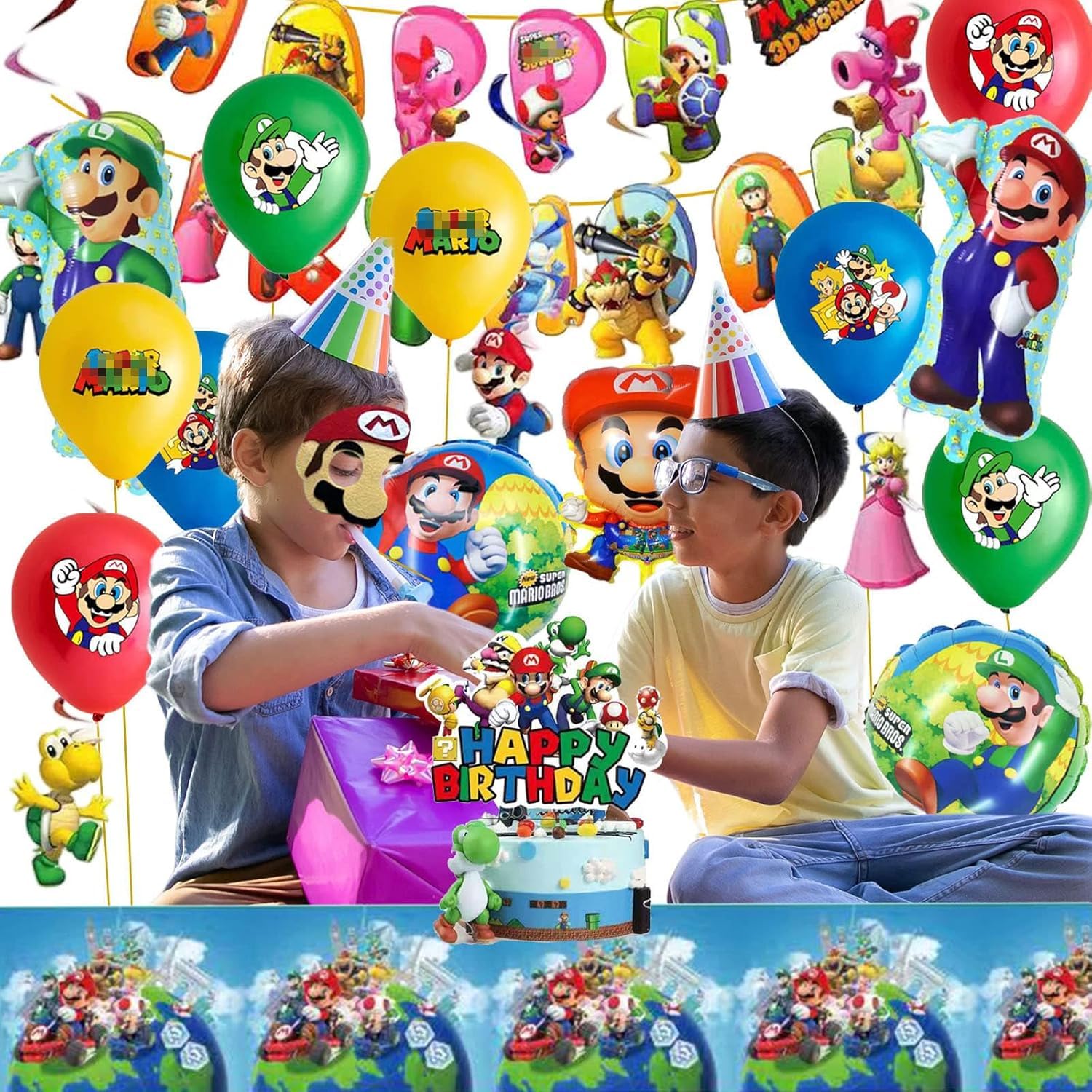 Set di decorazioni per compleanno per bambini da 87 pezzi, Include striscione, Decorazione per torta, Tovaglia, Vassoio di carta, Palloncino, Tovagliolo di carta, Maschera per gli occhi