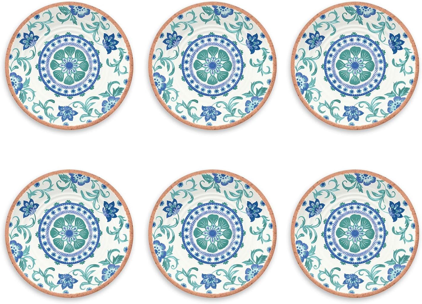 Rio Turquoise 8.5'' Durable Melamine Salad Plates, Shatter-Resistant and Dishwasher-Safe Indoor/Outdoor Dinnerware for Salads, Appetizers, Desserts, Side Dishes - Multicolor - Set of 6