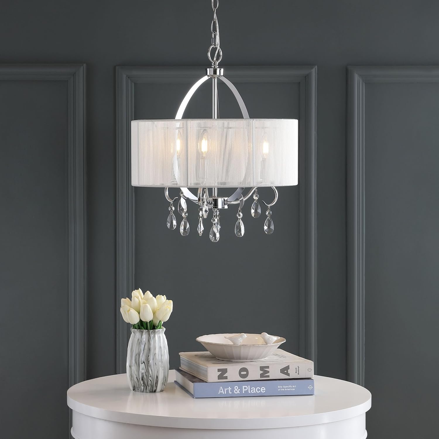 SAFAVIEH Lighting Collection New Vienna Modern Shabby Chic Farmhouse Glam White Shade/ Chrome 18-inch Diameter 3-light Adjustable Hanging Chandelier Light Fixture (LED Bulbs Included)