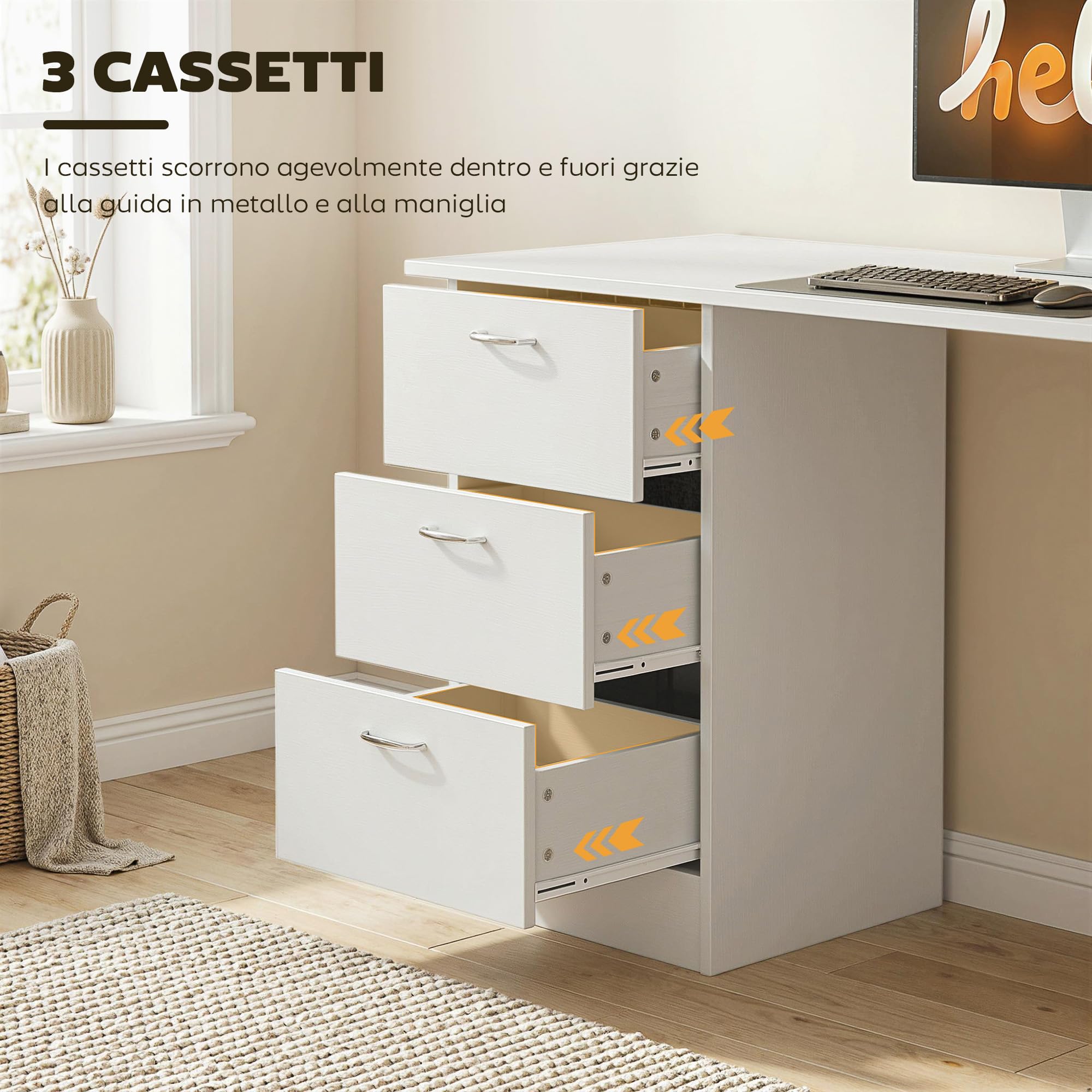 HOMCOM Scrivania Porta PC con 3 Cassetti e 3 Ripiani, Scrivania per Camera e Ufficio in Legno 120x49x72cm Bianco