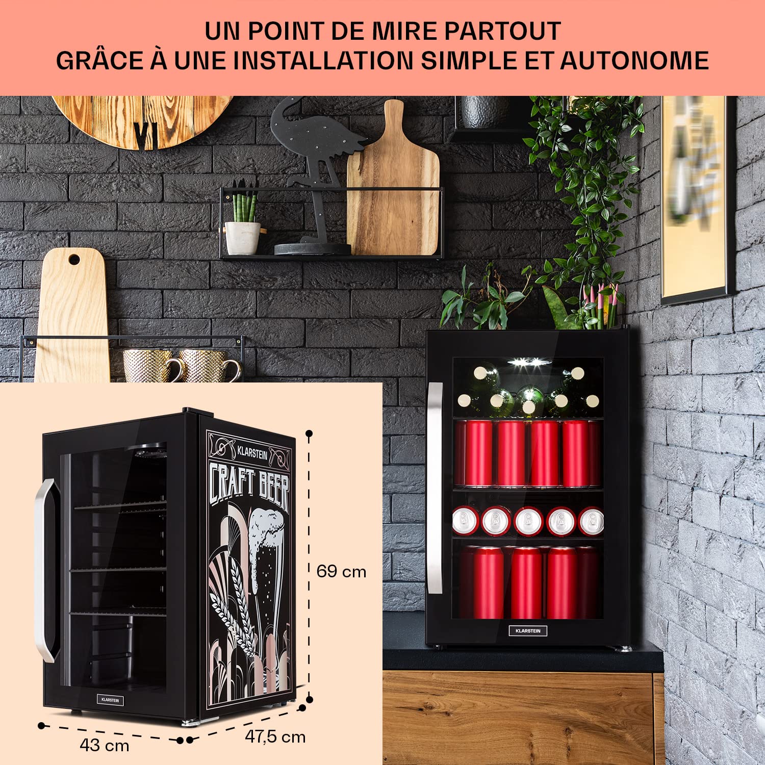 KLARSTEIN Réfrigérateur 70L, Mini réfrigérateur silencieux avec étagères amovibles, porte vitrée & LED, Adapté à l'extérieur, 0-10°C