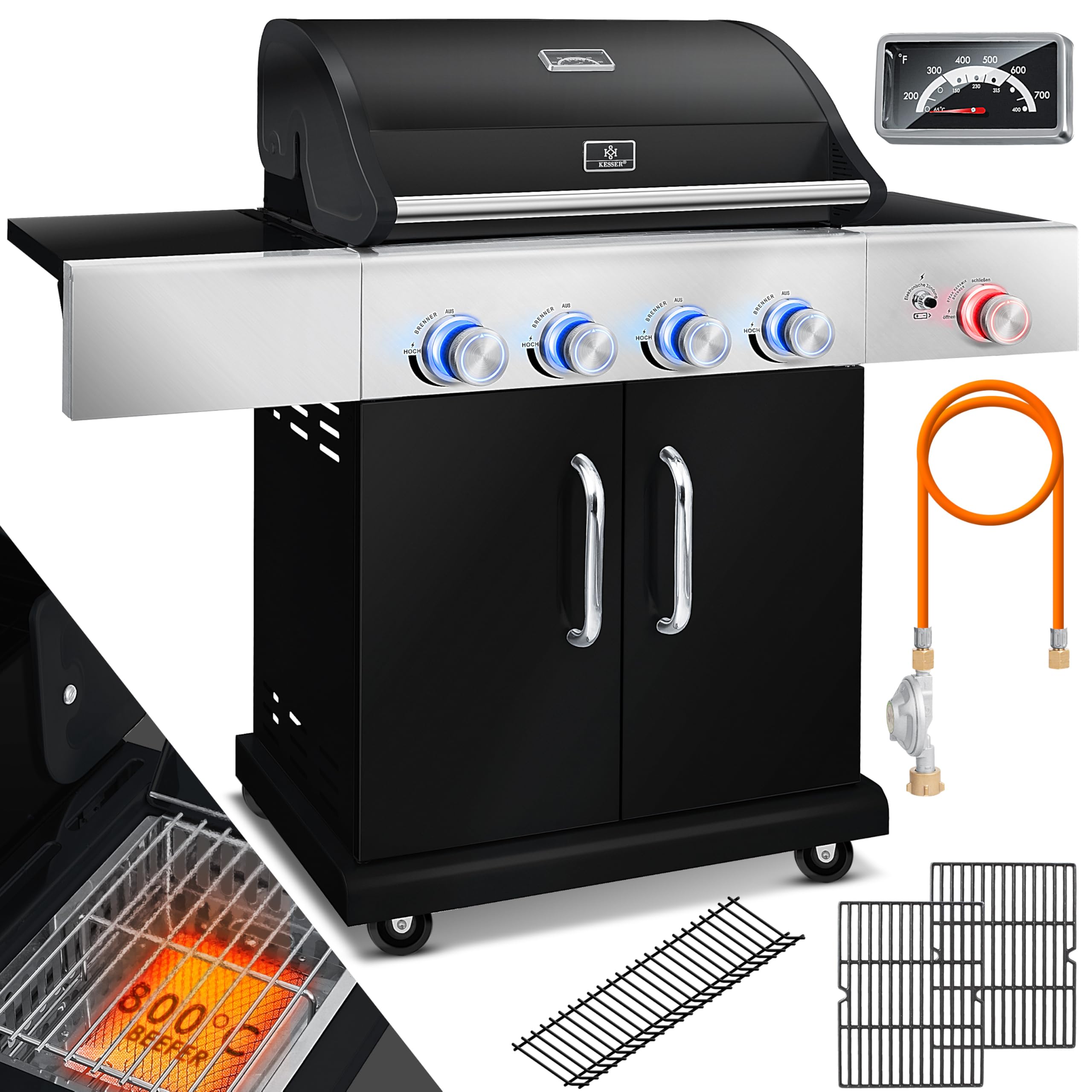 KESSER Barbecue A Gas Master BBQ XXL - 4+1 Fornelli, Grill A Infrarossi 800°C, LED, Acciaio Inox, Con Carrello