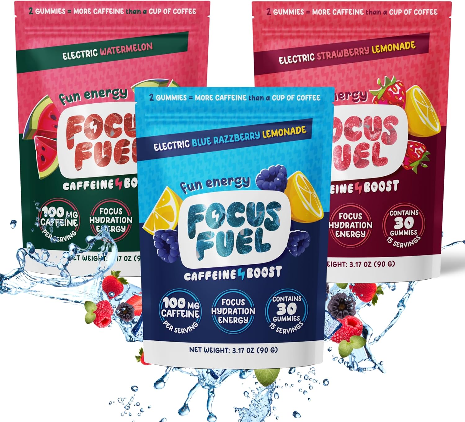 Energy Chews Variety 3-Pack (45 Servings) – 100mg Caffeine + L-Theanine + B12, Magnesium – Blue Raspberry Lemonade, Strawberry Lemonade, Watermelon – No Crash or Jitters