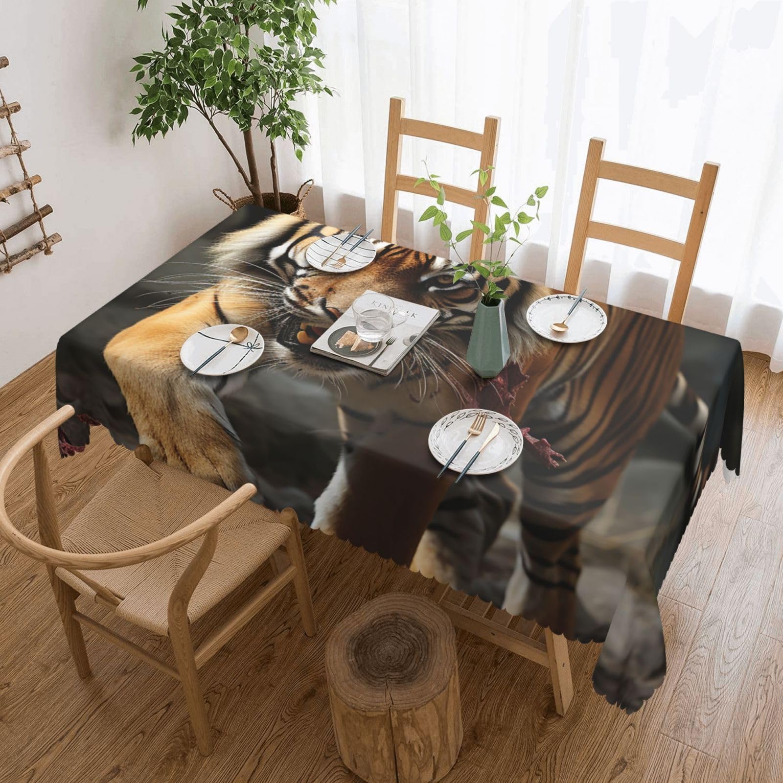 Nappe rectangulaire tissu décoratif tigre malais 137x183 infroissable cuisine salle à manger