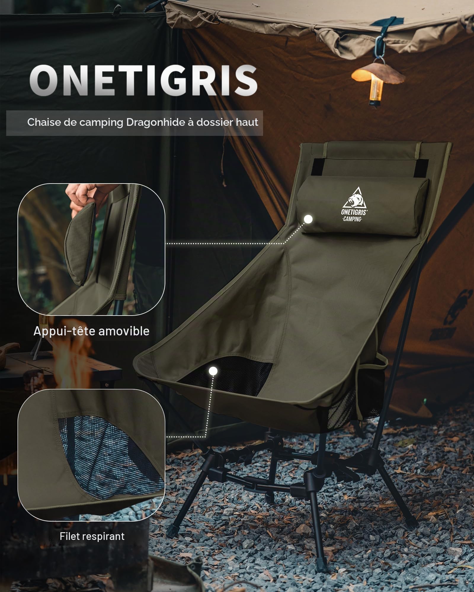 Chaise de camping OneTigris Dragonhide, chaise à dossier haut, chaise pliable, 150 kg, chaise de camping légère, chaise de pêche pliable avec 2 poches latérales, chaise pliante ultralégère pour