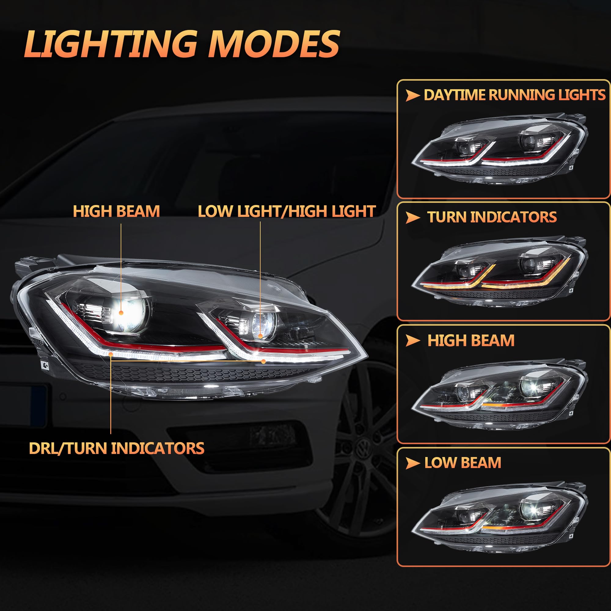 VLAND Pełny reflektor LED do Golf 7 Golf MK7 TSI TDI halogen 2012-2016 [Nie dla GTI/GTD/Xenon/Golf 7.5] z sekwencyjnym wskaźnikiem kierunku - czerwony