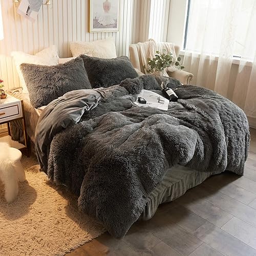 XeGe Plush Shaggy Duvet Cover Luxury Ultra Soft Crystal Velvet Bedding 1PC(1 Faux Fur Duvet Cover),Zipper Closure (King, Dark Gray)