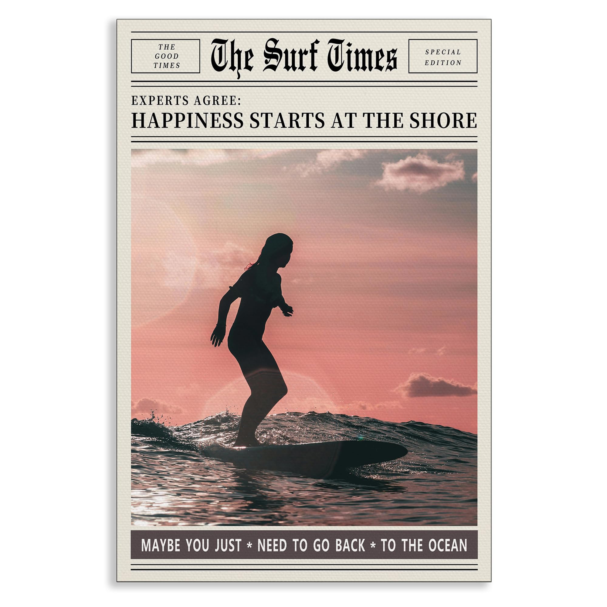 Xmjjqq Surftimes 10 The Surf Times Surfer Sunset Silhouette Canvas Wall Art, Pink Ocean Newspaper Surfing Poster, Summer Beach Picture Wall Decor, Happiness Starts At The Shore Quote Print 12X16in Unframed