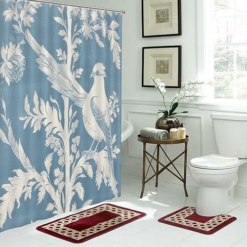 Miniatura 55 de Cortinas de ducha de baño con ganchos, 72 x 92 pulgadas, cortina de ducha de tela impermeable con diseño de flores y pájaros, cortina de ducha