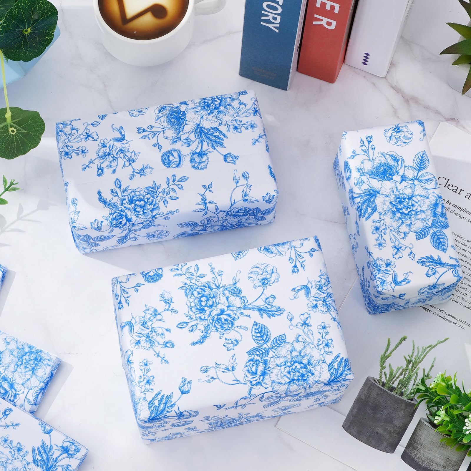 AnyDesign 100 Stück blaues Blumen-Seidenpapier weiß blaue Blume Geschenkpapier Vintage Verpackungspapier DIY Kunst Bastelpapier für Bauernhaus Zuhause Geburtstag Babyparty Party Geschenk Dekor, 35,6 x