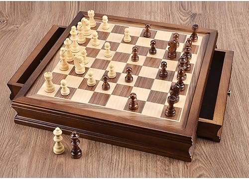 Miniatura 8 de AMEROUS Juego de ajedrez magnético de madera de 12.8 x 12.8 pulgadas con 2 cajones de almacenamiento integrados, 2 reinas adicionales, embalaje de