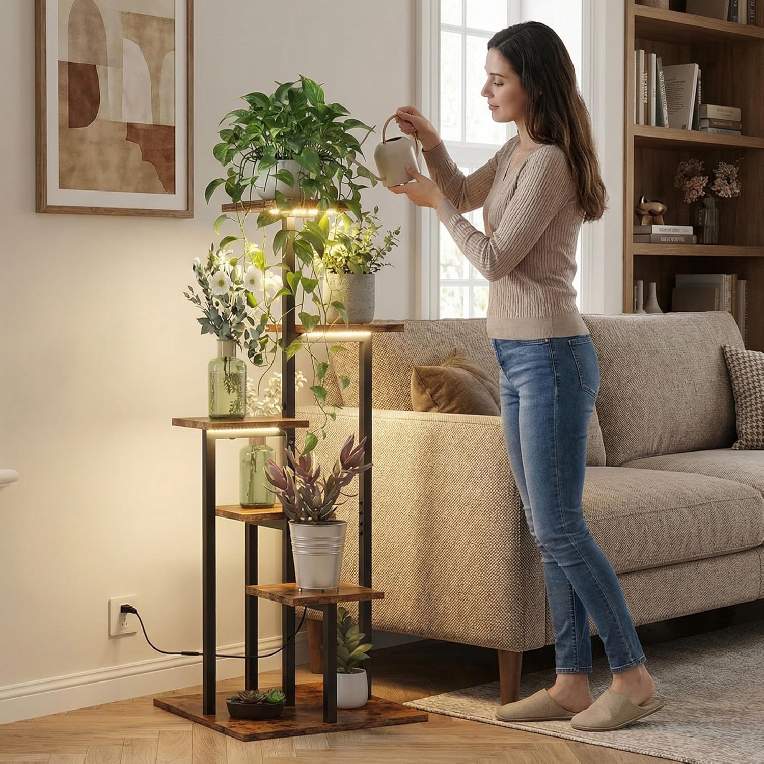 6 Tier Plant Stand Indoor with Grow Light, Tiered Plant Stands for Indoor Plants Multiple, Corner Flower Stand for Living Room, Multi-Layer Vintage Design Plant Shelf