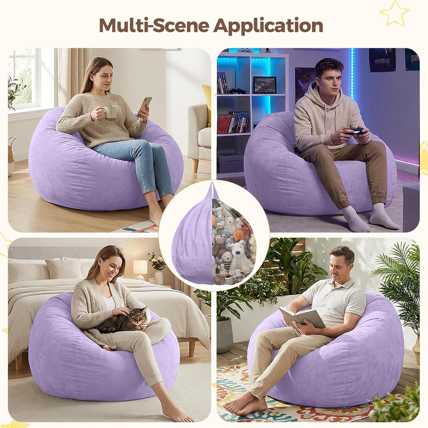 Stuffed Animal Storage Bean Bag Chair Cover for Adults (No Filler), Soft Comfy Velvet Beanbag Chair Cover Machine Washable, Adults Bean Bag Chair with Handle for Living Room Bedroom, Purple