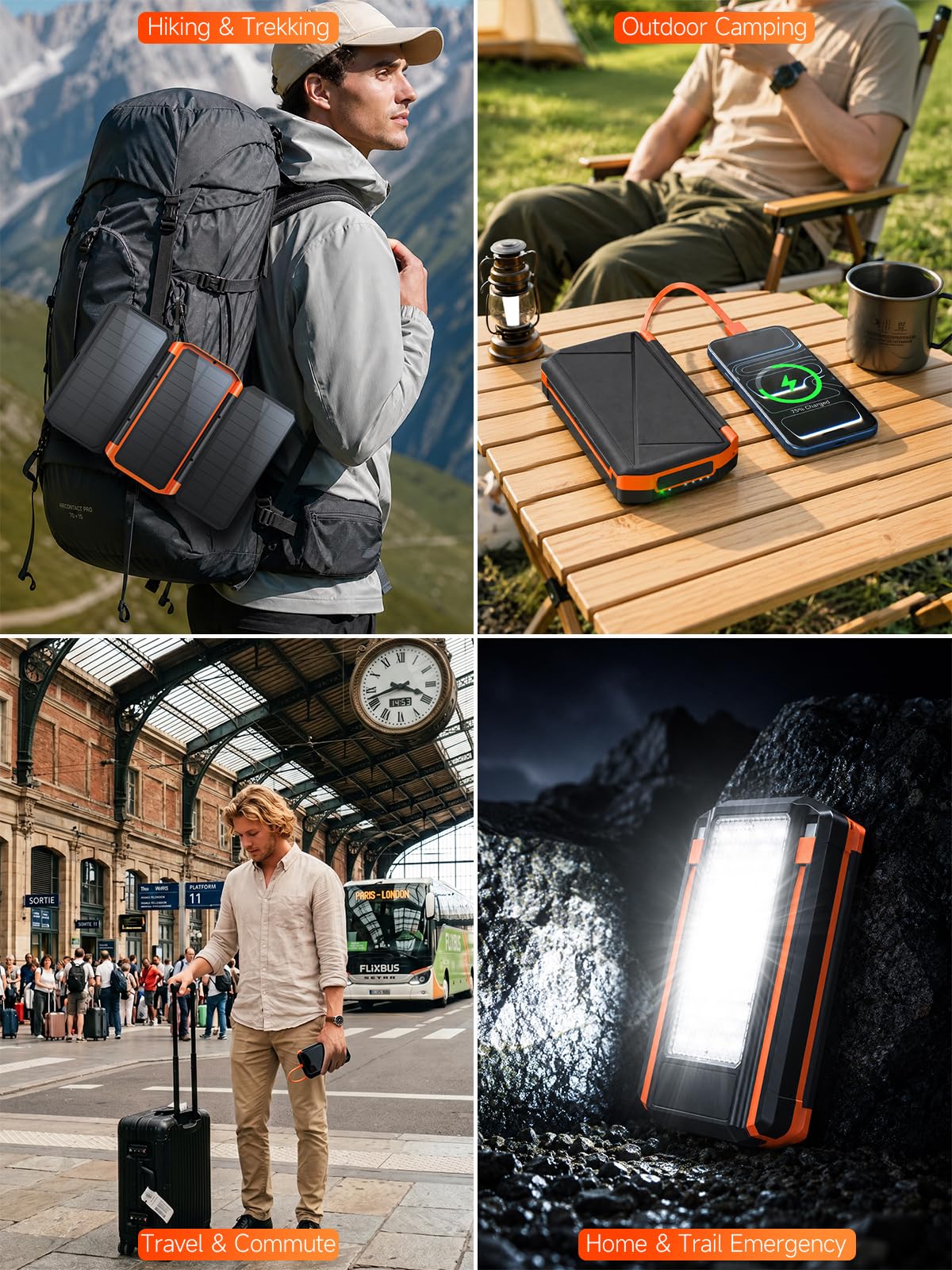Power Bank Solare 63200mAh 30W Ricarica Rapida con 3 Pannelli Solari | Batteria Esterna con 4 Uscite, Torcia extra large SOS, Ricarica Rapida e Indicatore di Carica Solare, Ideale per Outdoor