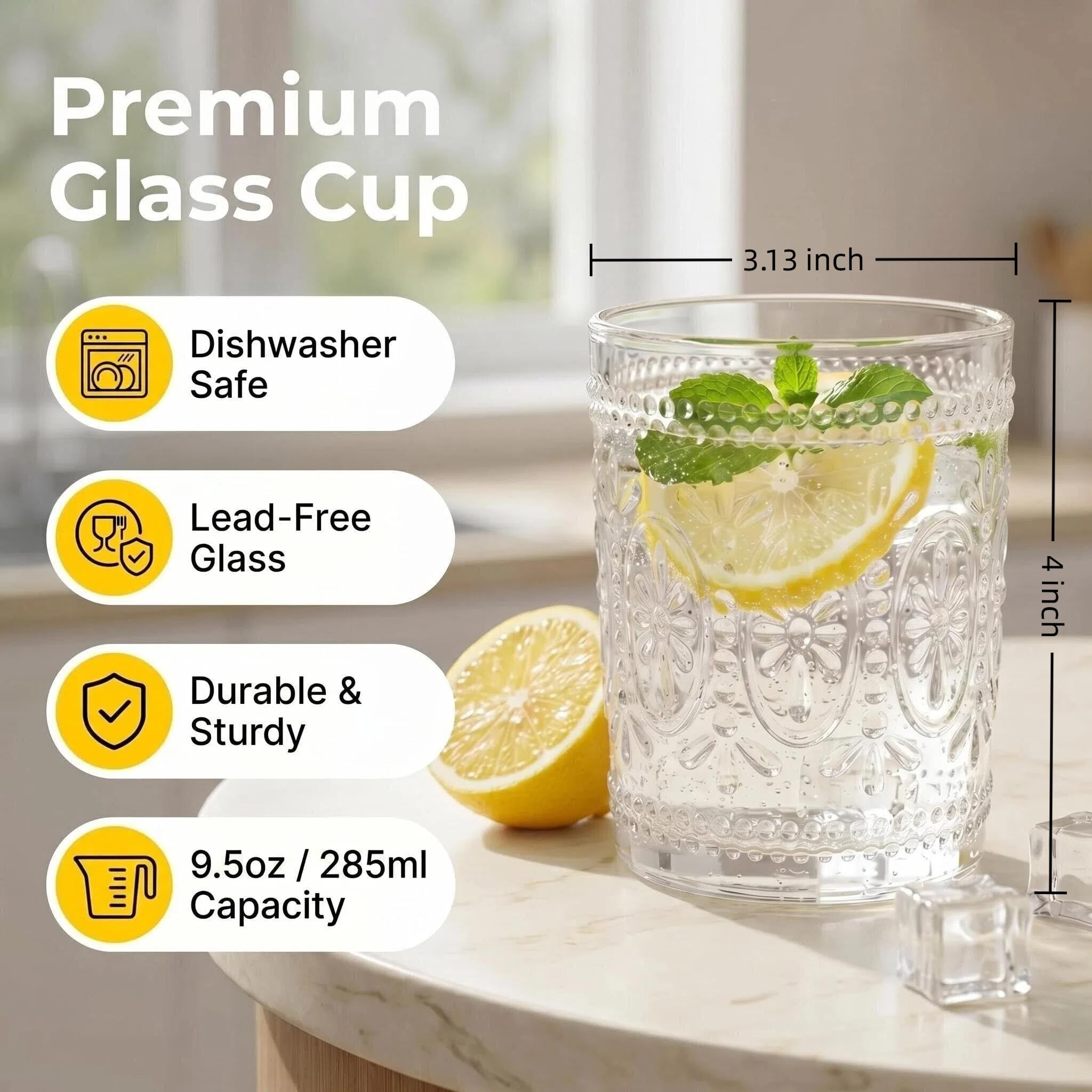 Bekith Paquete de 6 vasos para beber, vasos de agua románticos de 9.5 onzas, juego de cristalería vintage resistente para whisky, jugo, bebidas, cerveza, cóctel