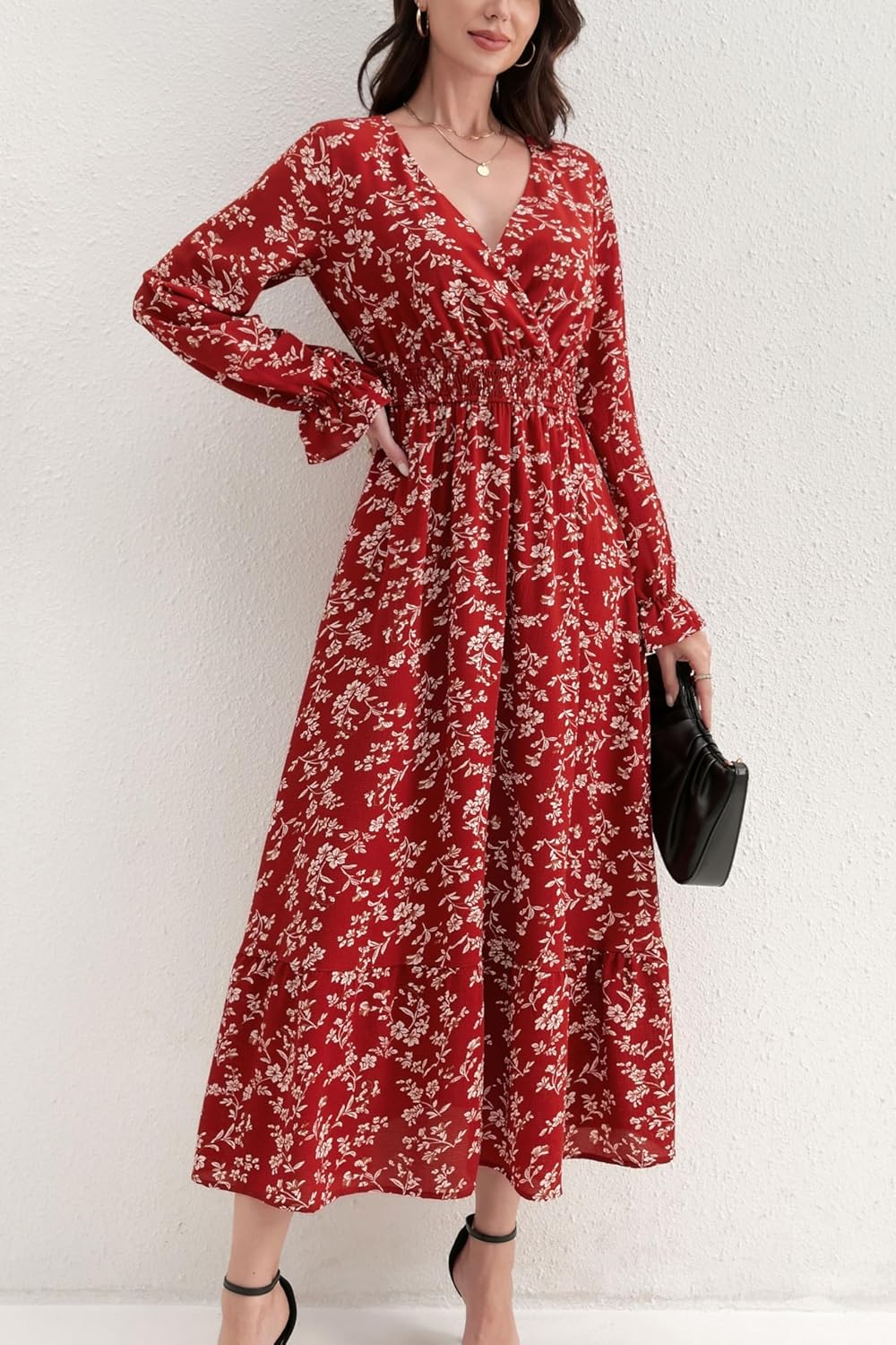Long Sleeve Dress for Women Red Floral Maxi Dress V-Neck Smocked Elastic Waist Casual Bohemian Style - Image 4