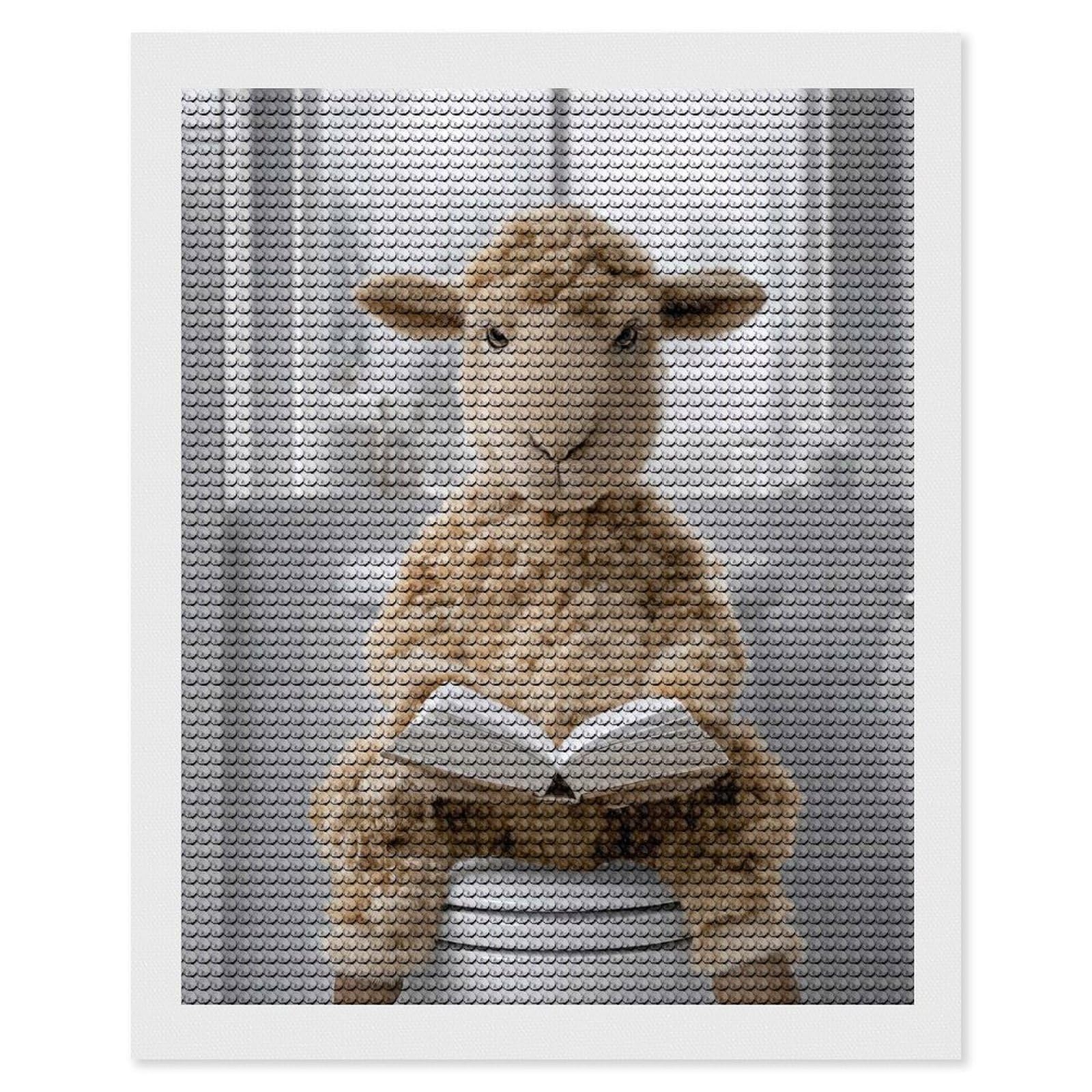 Junmoney Sheep Reading A Book on A Toilet Diamond Art Kit 16"x20", Neat Printed Canvas, Finish and Display, Relaxing DIY Hobby, Living Room Decor