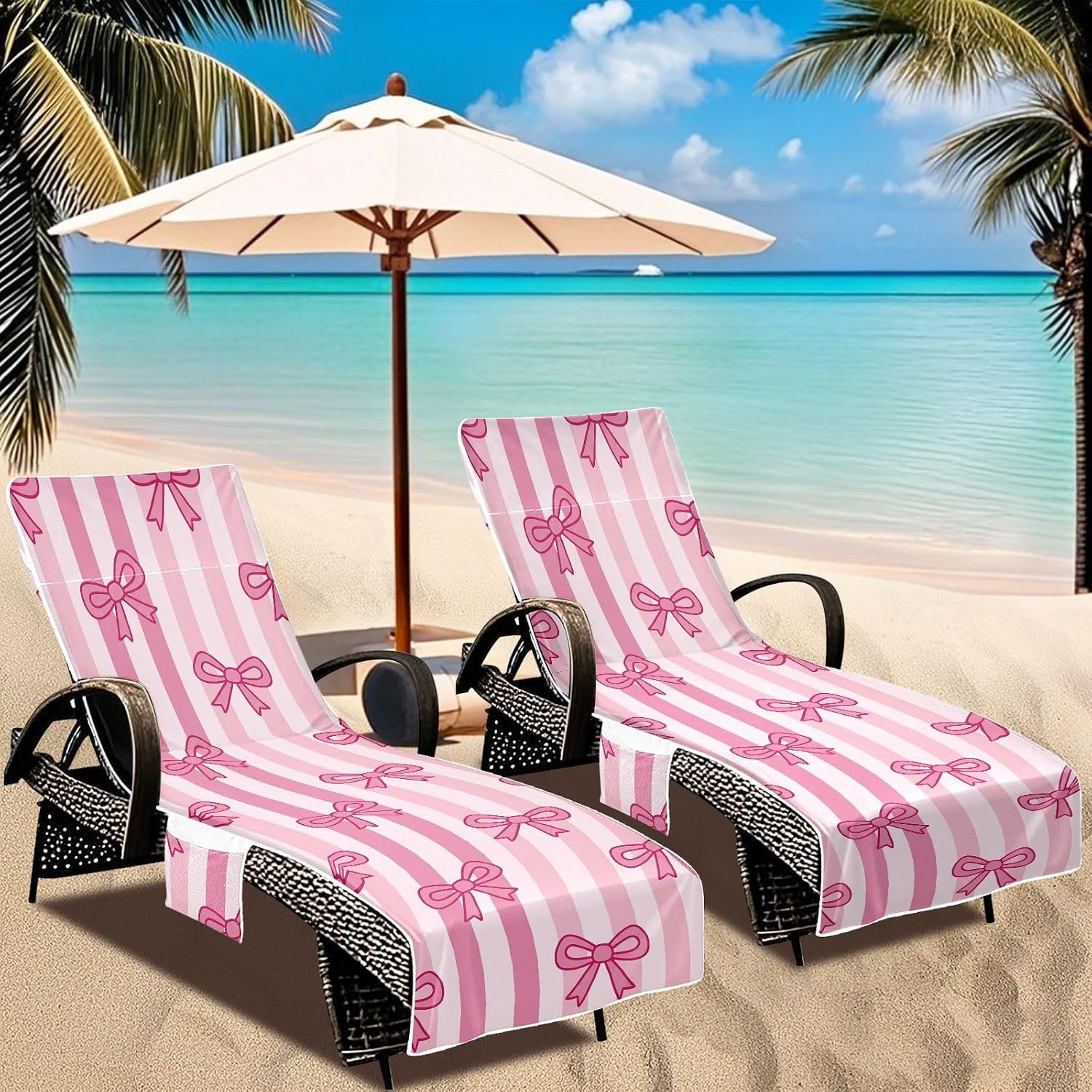 Bow-tie Stripes Lounge Chair Towel Cover with Side Pockets – 85x30in Foldable Chaise Cover for Beach, Pool, Patio, Spa
