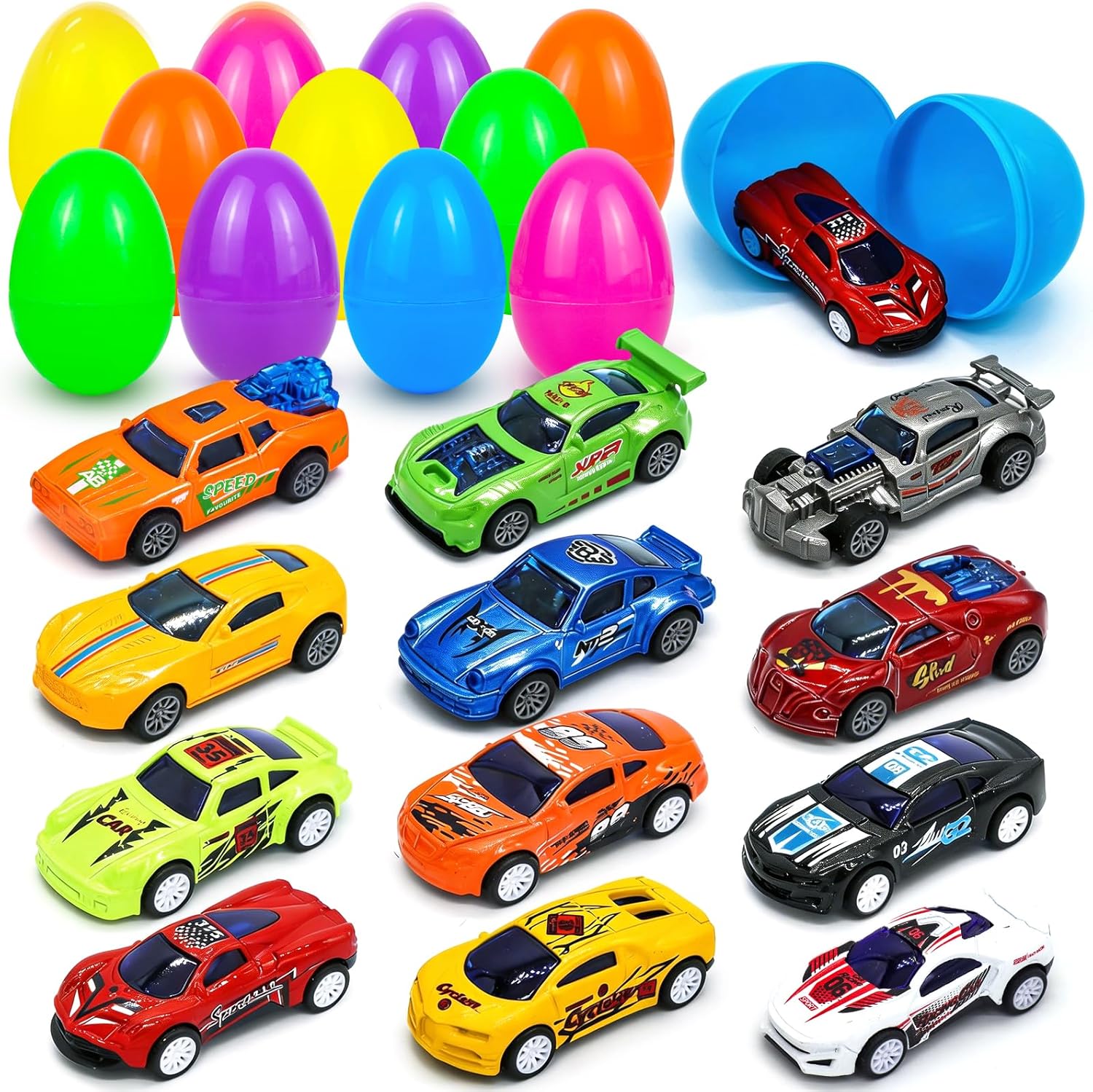 12 Pack Easter Eggs Filled with Die-cast Racing Cars Toys, Cars Easter Basket Stuffers Fillers for Boys Toddlers Kids, Easter Egg Stuffers Easter Gift for Eggs Hunt Party Favors Easter Prize