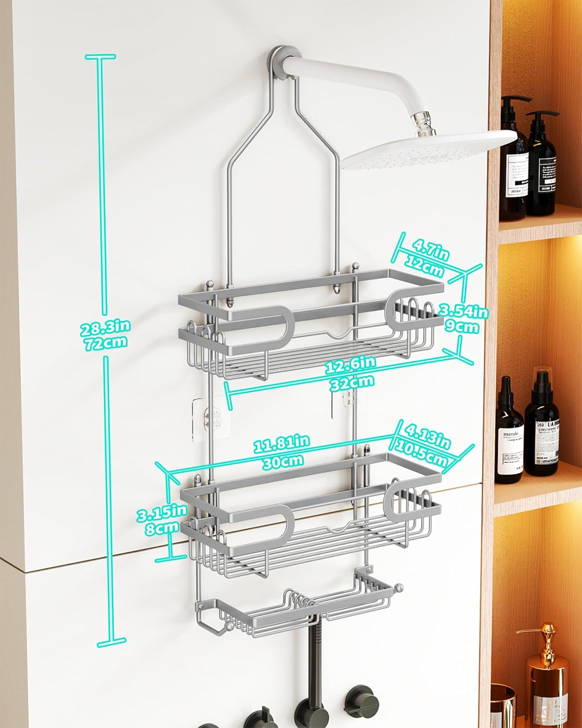 HapiRm Bathroom Hanging Shower Caddy - Rustproof Shower Shelf with 12 Hooks and 2 Soap Holders, No Drilling Bathroom Organizers and Storage - Silver