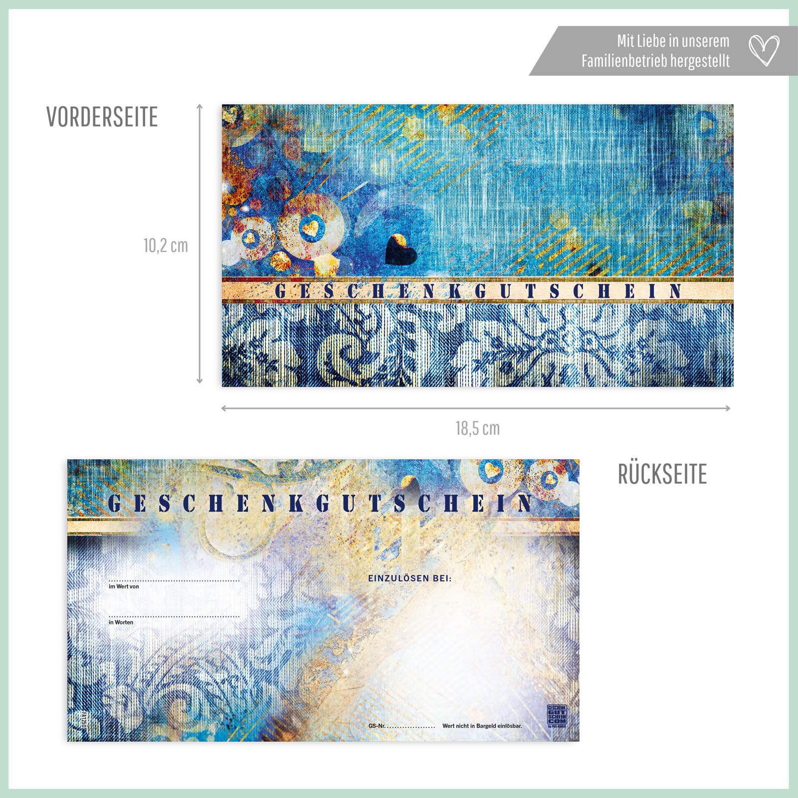 Gutschein-Set. 50x Gutschein + Kuvert + Schleife. Für Boutiquen Textilwaren Fashion Schneiderei, blanko zum selber Ausfüllen.