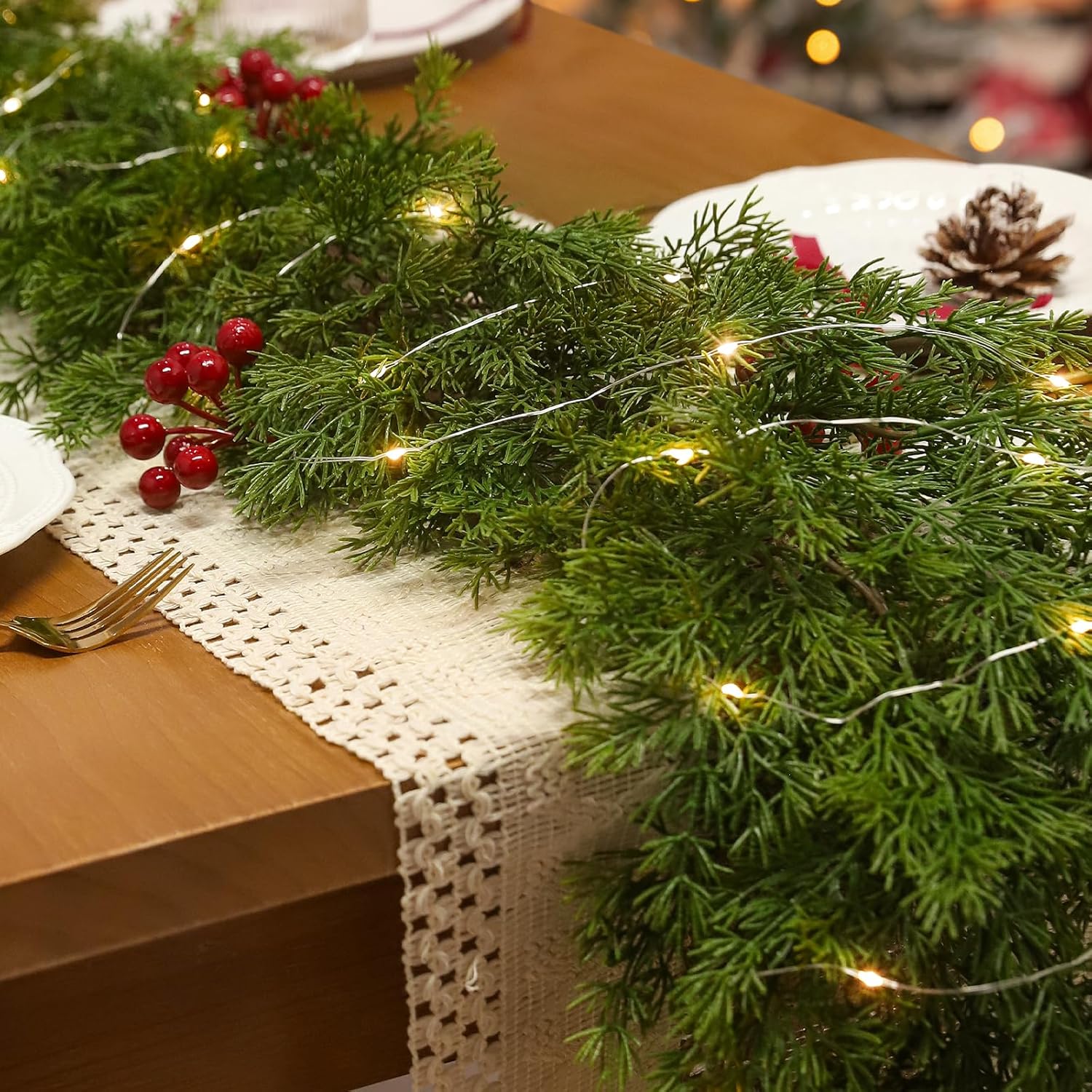 6.5FT Christmas Garland with 16.4FT LED Lights String - Artificial Realistic Cedar Garland, Norfolk Pine Cypress Vines with Lights for Christmas Winter Decorations Table Mantle Outdoor Indoor