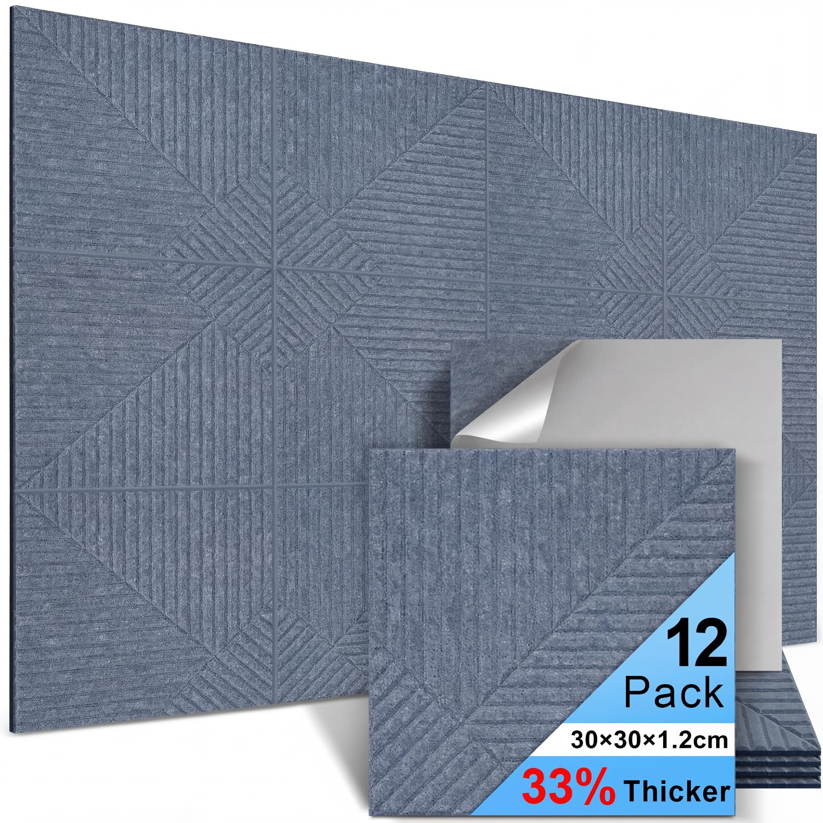 HERTBER Akustikplatten Selbstklebend, 30x30x1.2cm Dreigeteilte Akustikpaneele