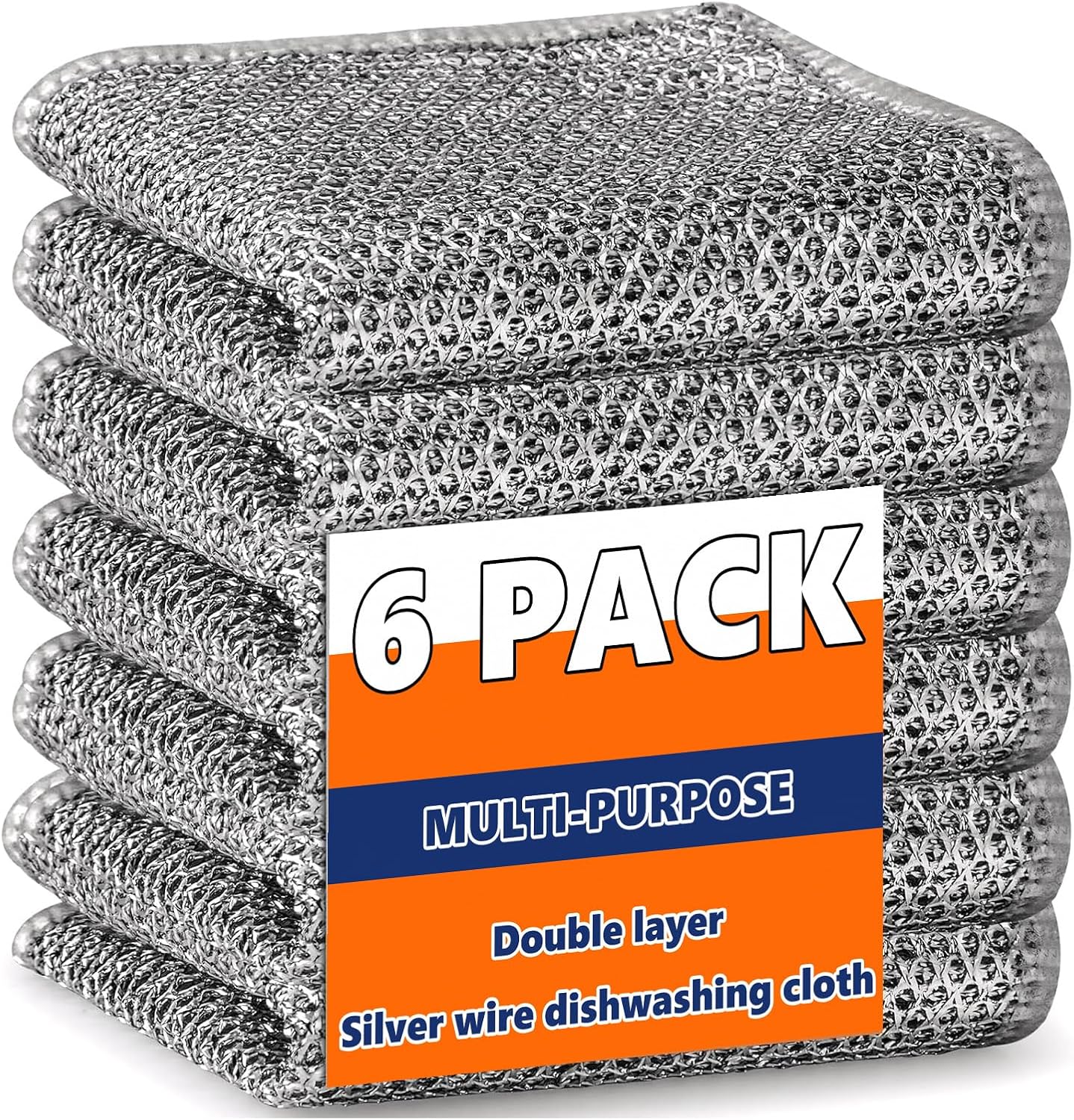 6 Piezas Estropajo de Aluminio, Paños de Cocina Metálicos de Doble Capa, Paños de Limpieza Reutilizables, Estropajos de Cocina, Paños de Limpieza de Alambre Multiusos (Plata, 20 x 20 cm)