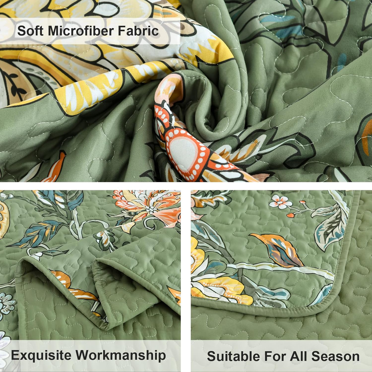 Luxudecor Floral Quilt Set Queen, Green Botanical Floral Bedspread Coverlet Set with 2 Pillowcases, Lightweight Microfiber Green Flower Quilt Bedding Set 96"×90"